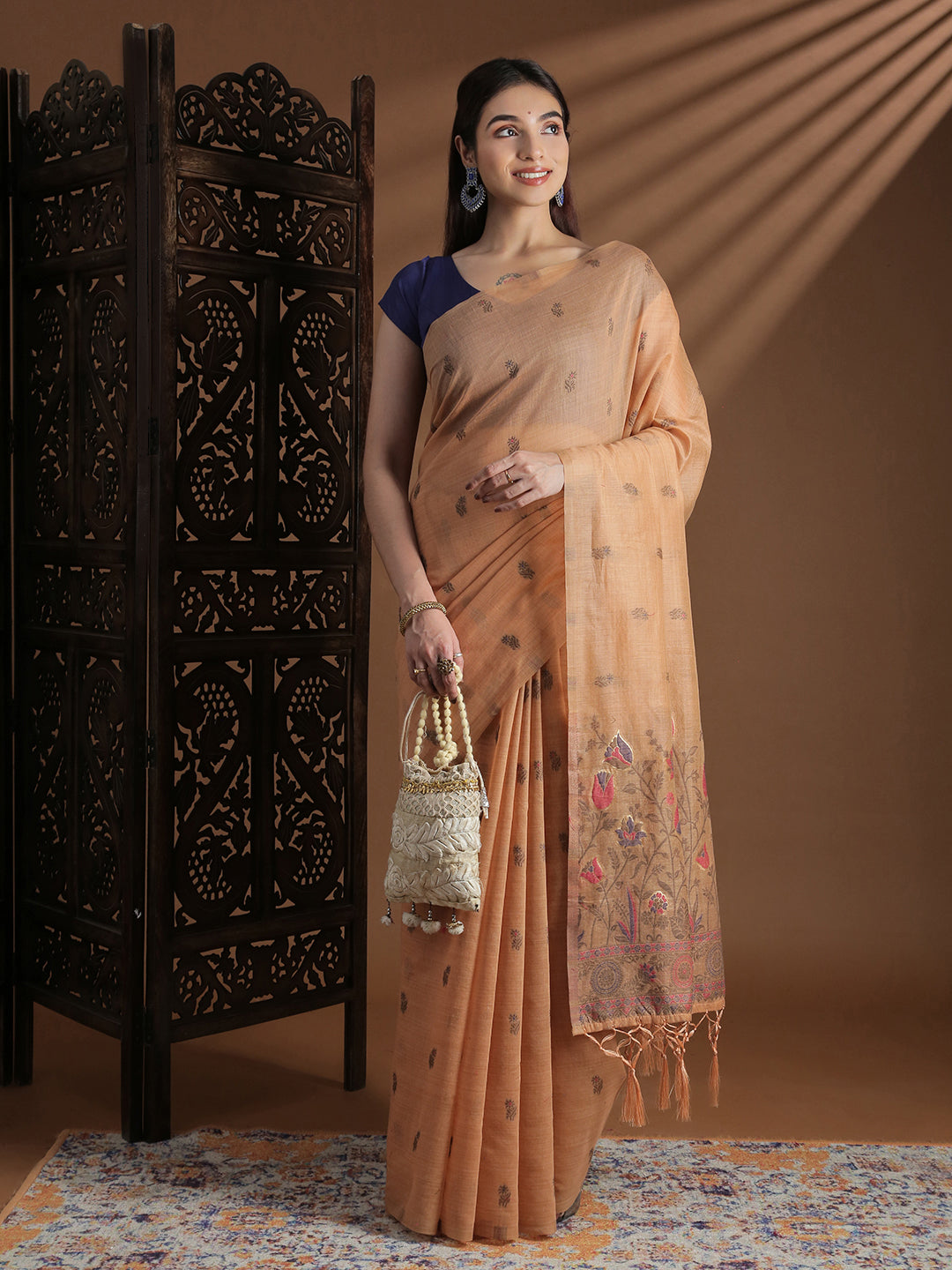 Women Peach Cotton Weaving Saree PCS254