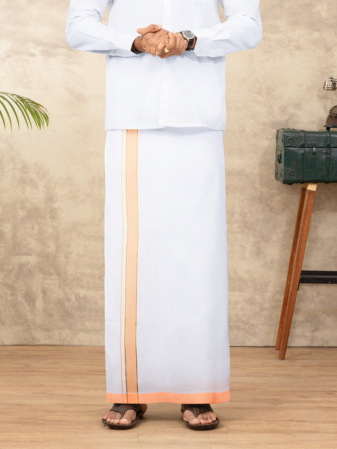 Men Cotton Blend Readymade Single Layer White Dhoti with Fancy Jari Border GACJ38