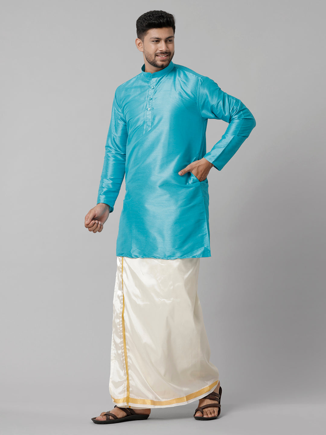 Mens Polyster Sky Blue Medium Length Kurta with Art Silk Jari Dhoti Combo SL02-Side view