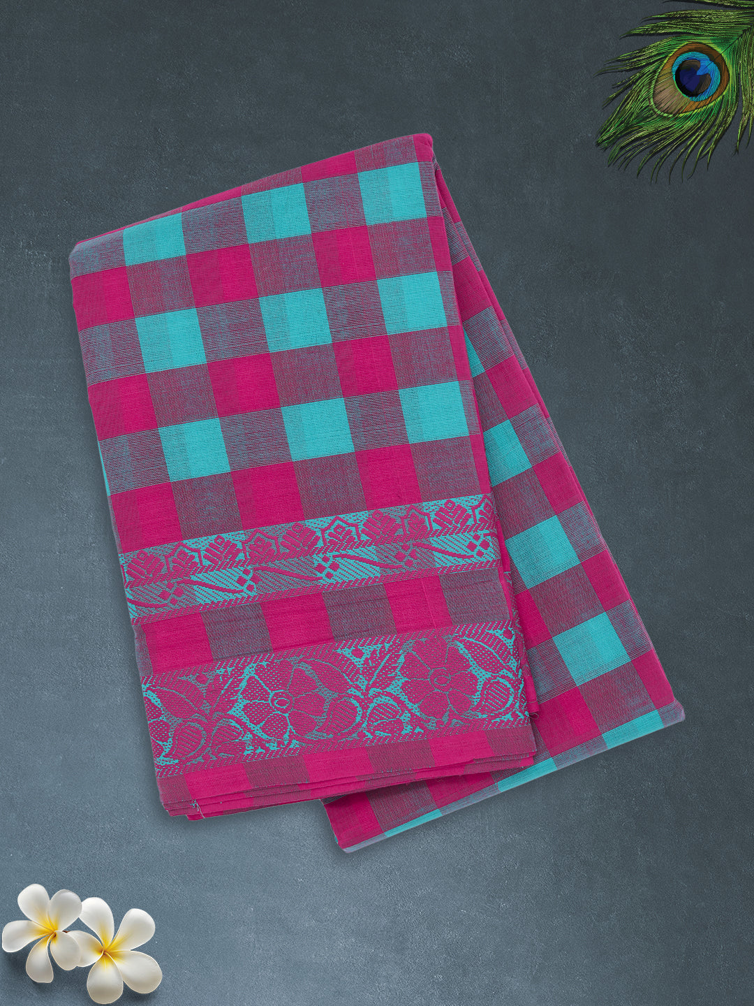 Women Pink with Green Checks Pure Chettinad Cotton Saree PCS225