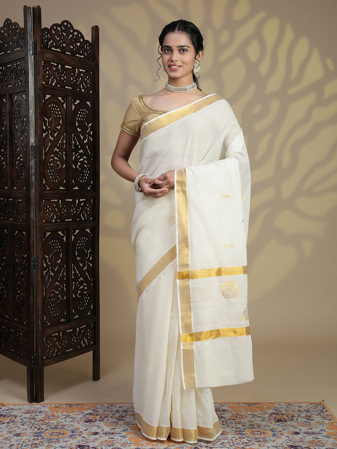 Women Traditional Kerala Cream with Gold Jari Saree KS236