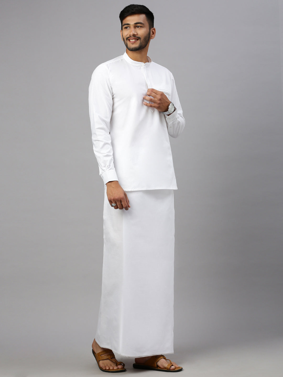 Men Cotton Blend Single Layer White Dhoti with Small Border Breeze Paramas V2