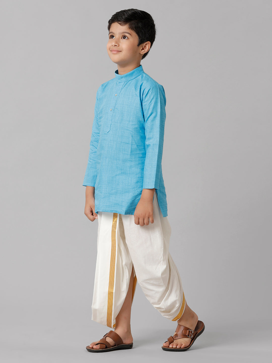 Boys Cotton Sky Blue Kurta with Cream Elastic Panchakacham Combo FS4-Side view