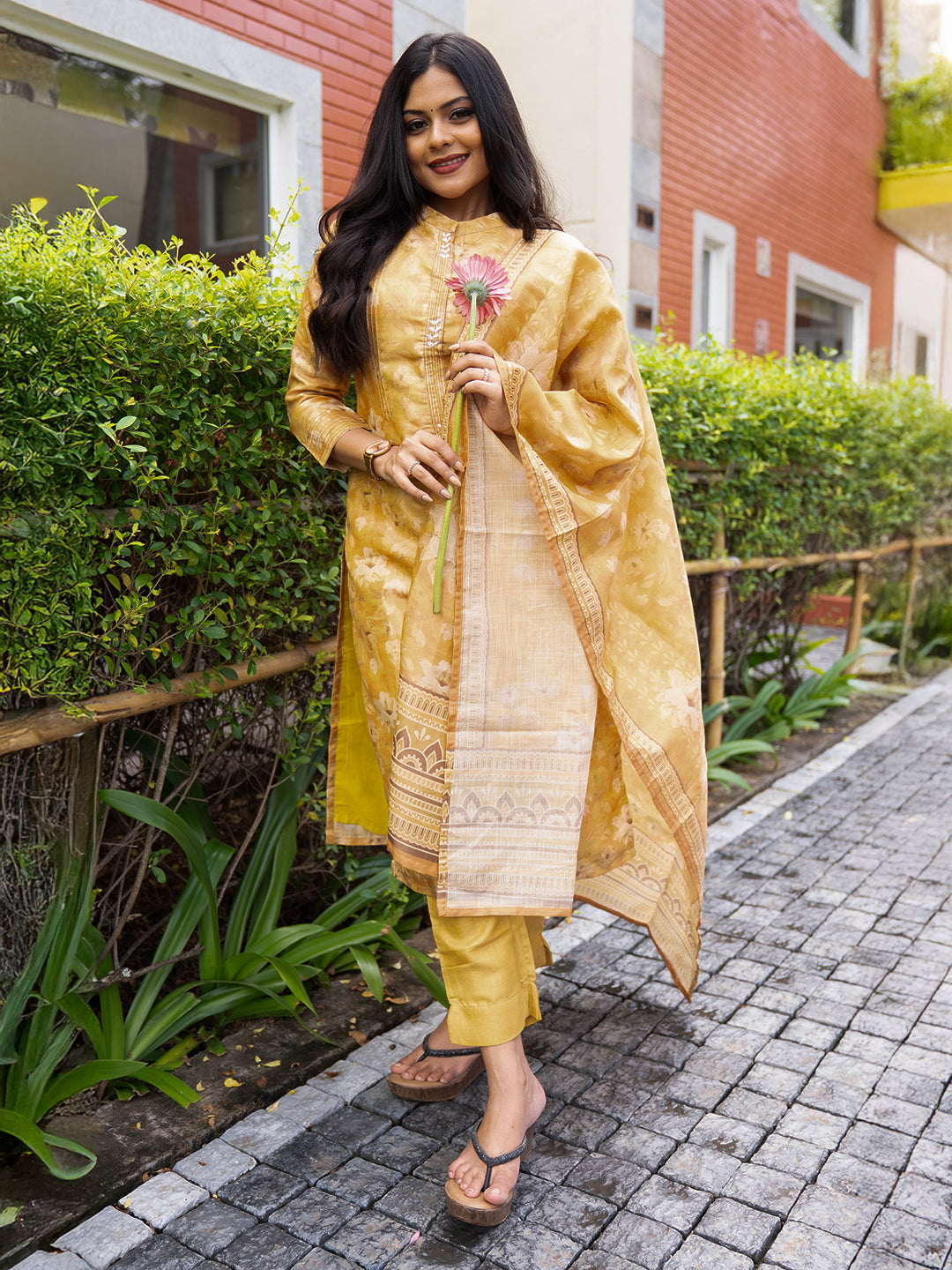 Women Tissue Printed Mustard Kurti Set EKS107