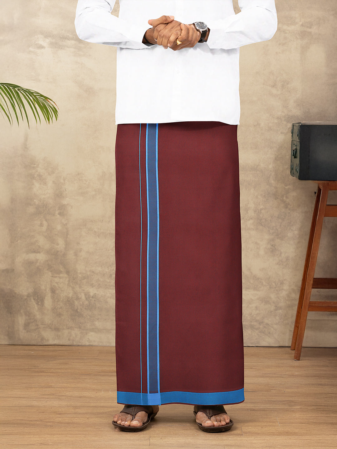 Men 100% Cotton Single Layer Dark Maroon Dhoti with Assorted Border Ahimsa
