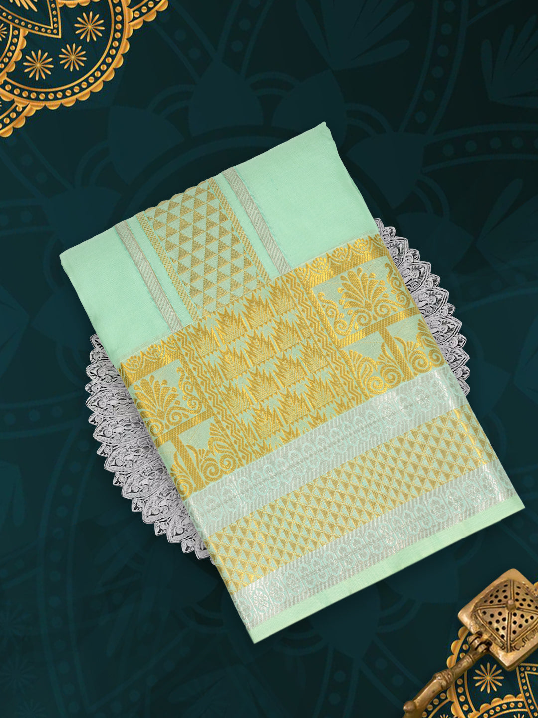 Men Pure Silk Green Dhoti & Towel Set with 4" inch Fancy Jari Border TKC11