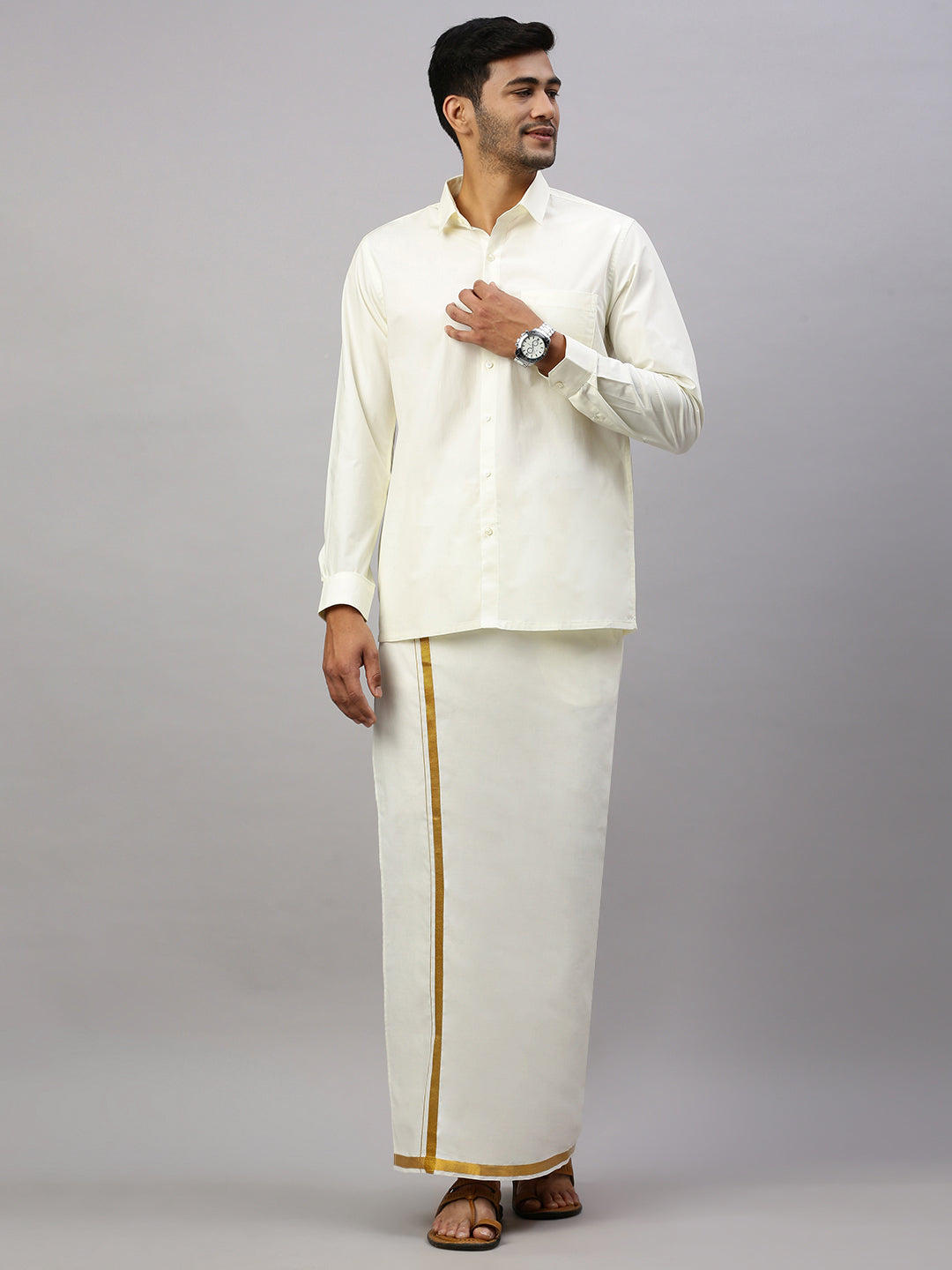 Men Cotton Blend Single Layer Cream Dhoti with Gold Jari Border Silver Sun