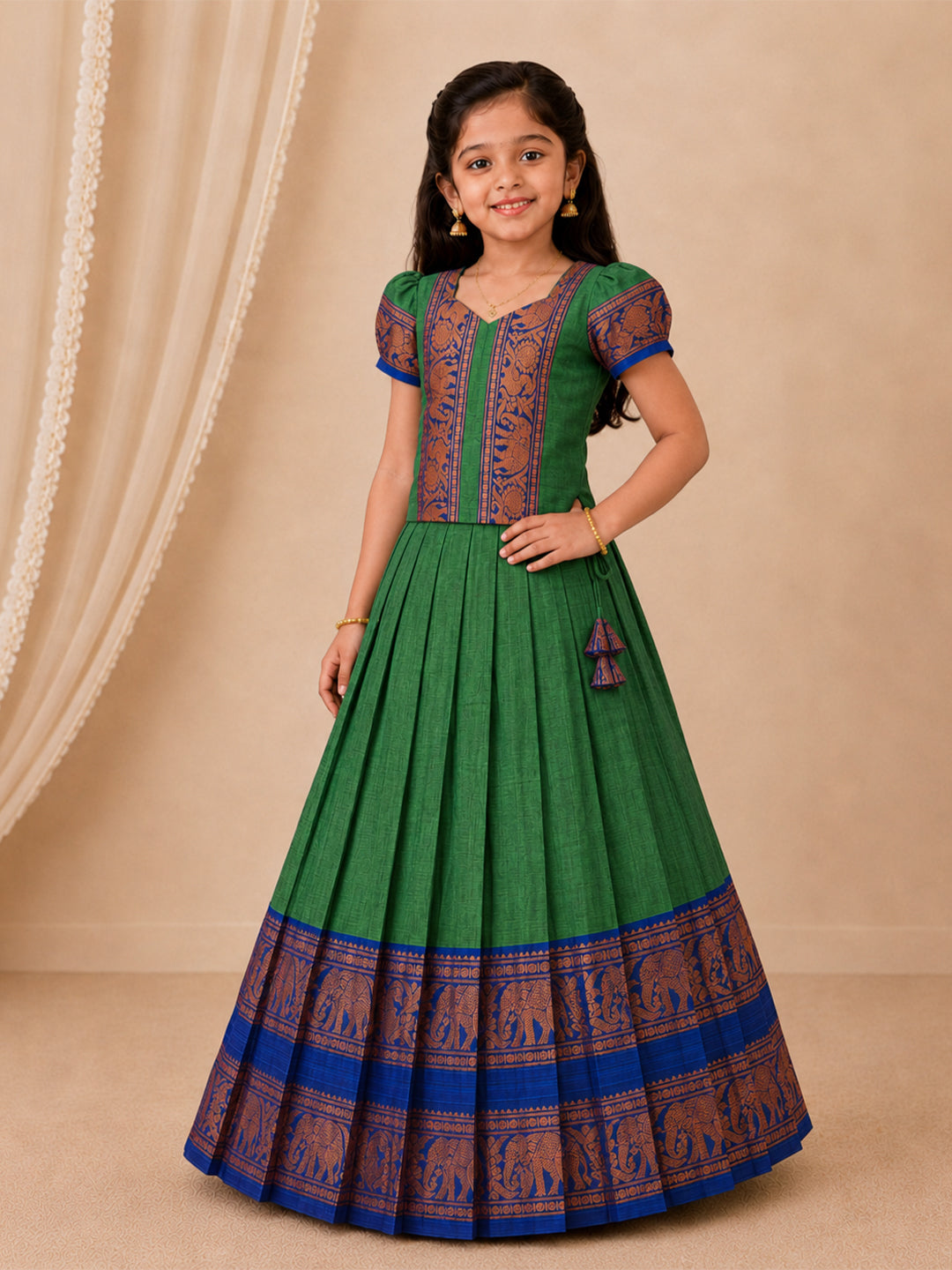 Girls Cotton Green Pattu Pavadai Set GPS45