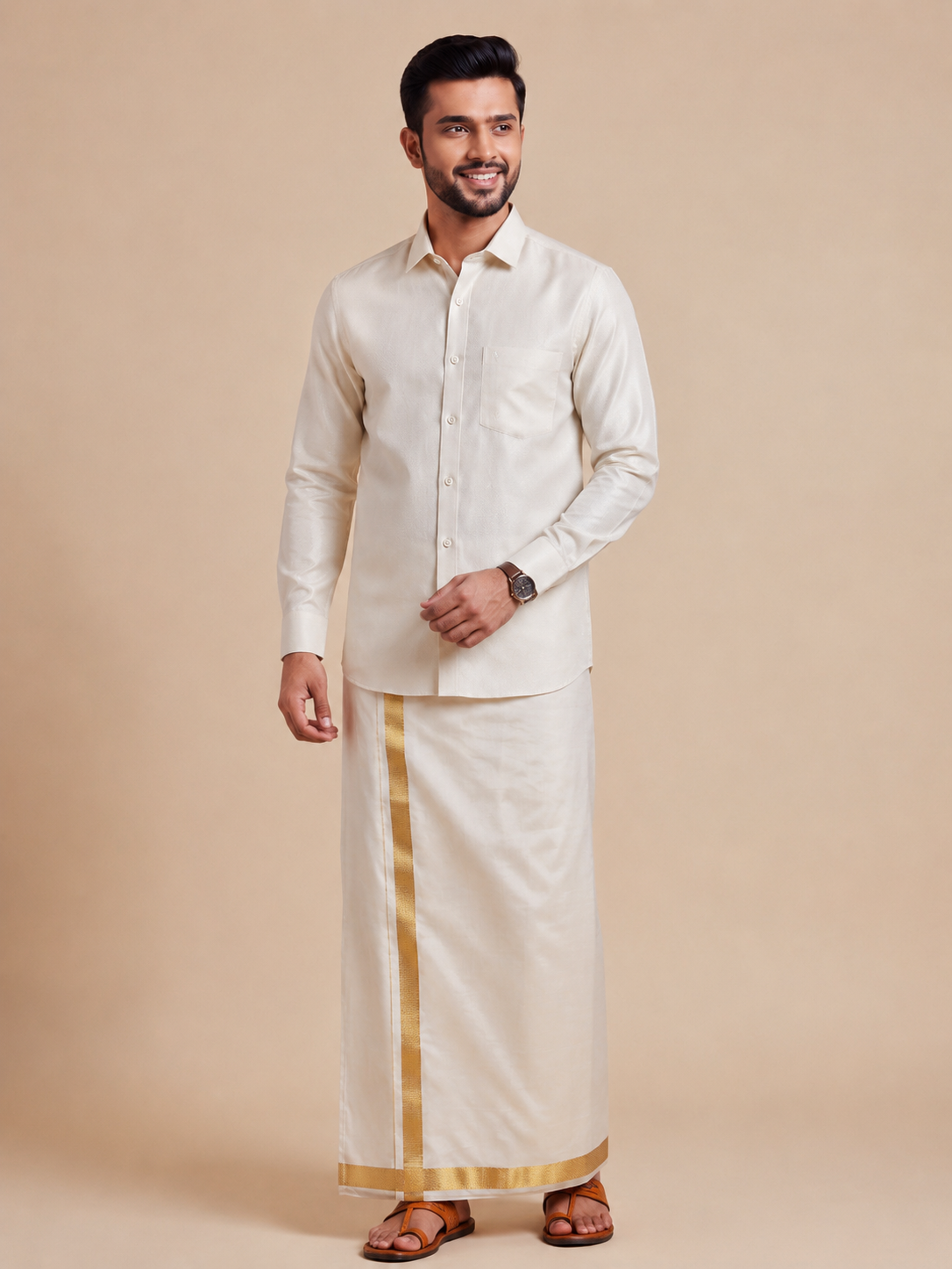 Couple Combo Antique Gold Shirt & Dhoti Set with Saree KLS19