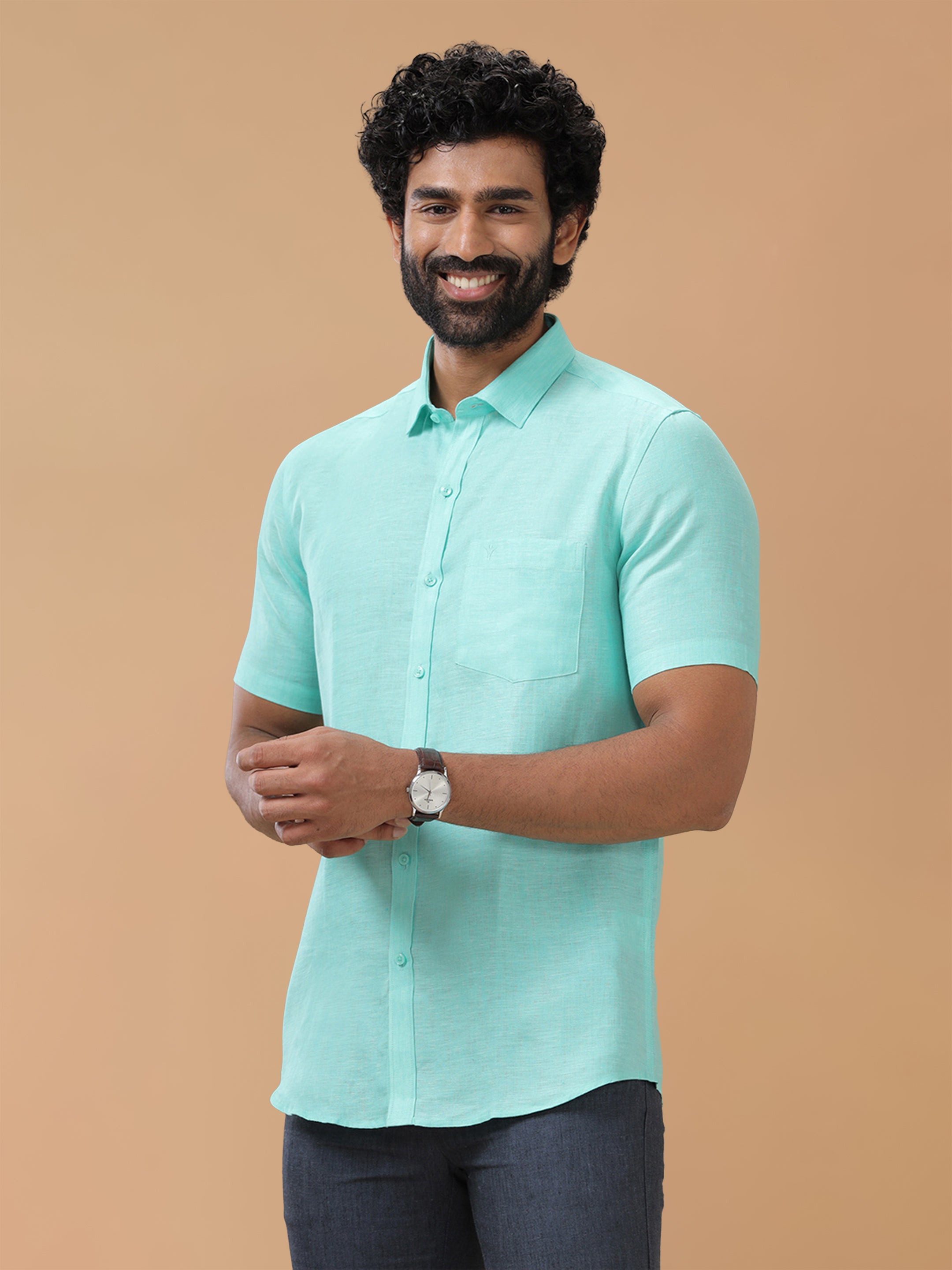 Pure Linen Light Cyan Smart Fit Shirt L13