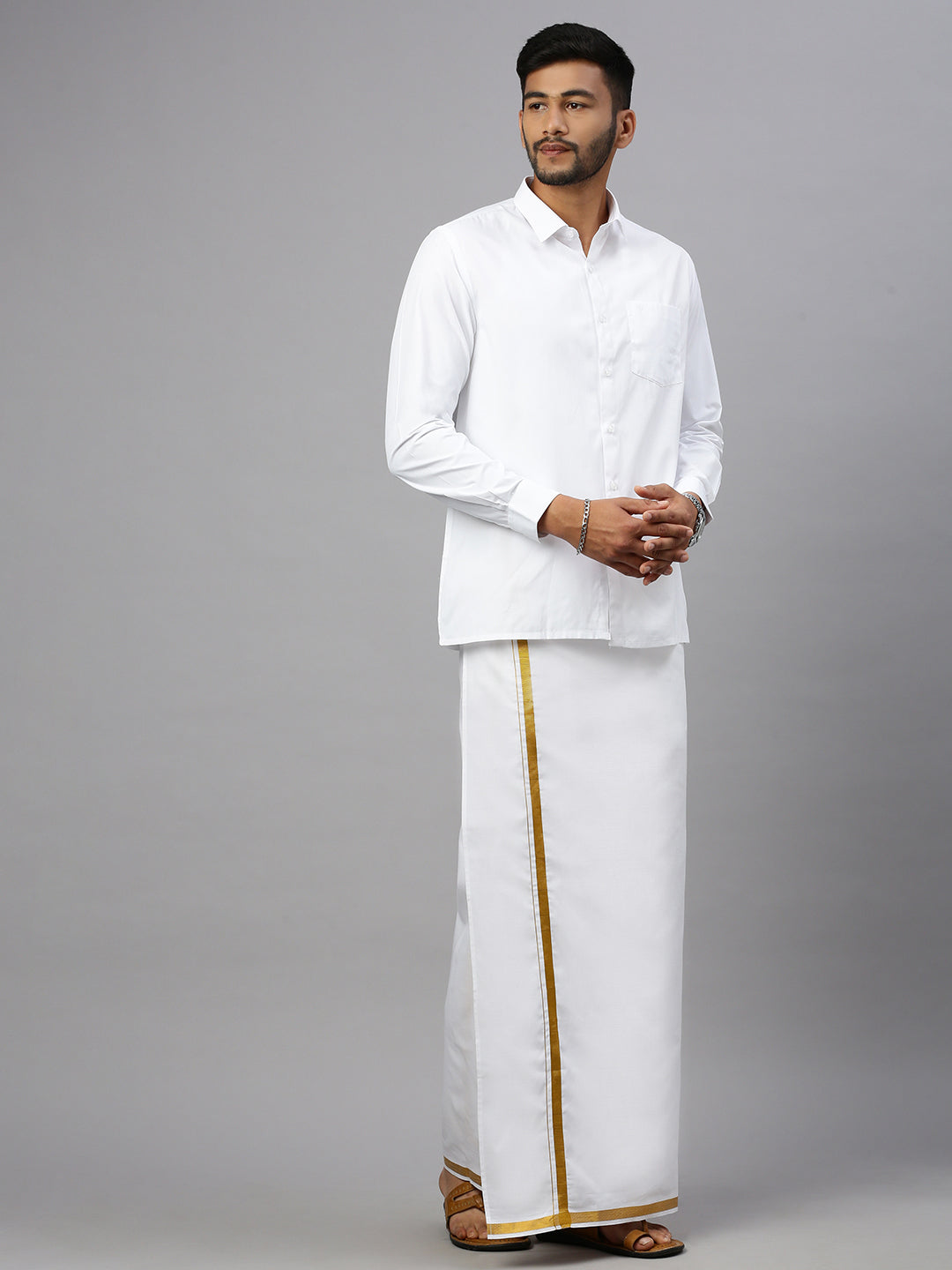 Men Cotton Blend Double Layer White Dhoti with 3/4" Gold Jari Border Ponman