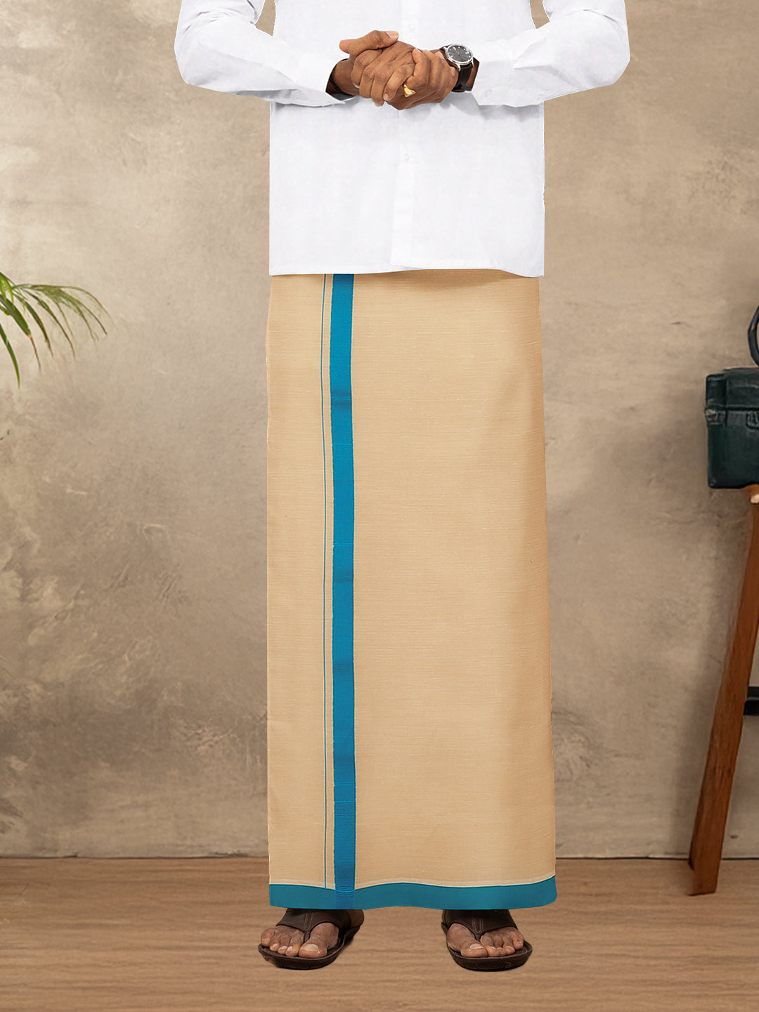 Men Cotton Blend Single Layer Gold Dhoti with Big Border Yogi Spl2