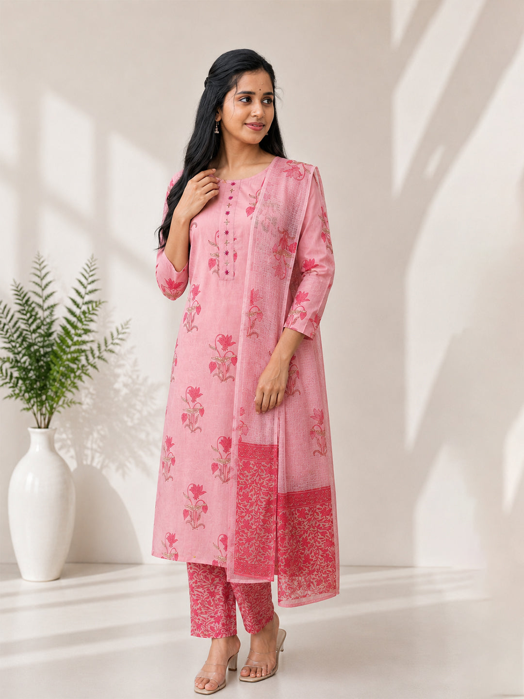 Women Cotton Printed Pink Kurti Set EKS136