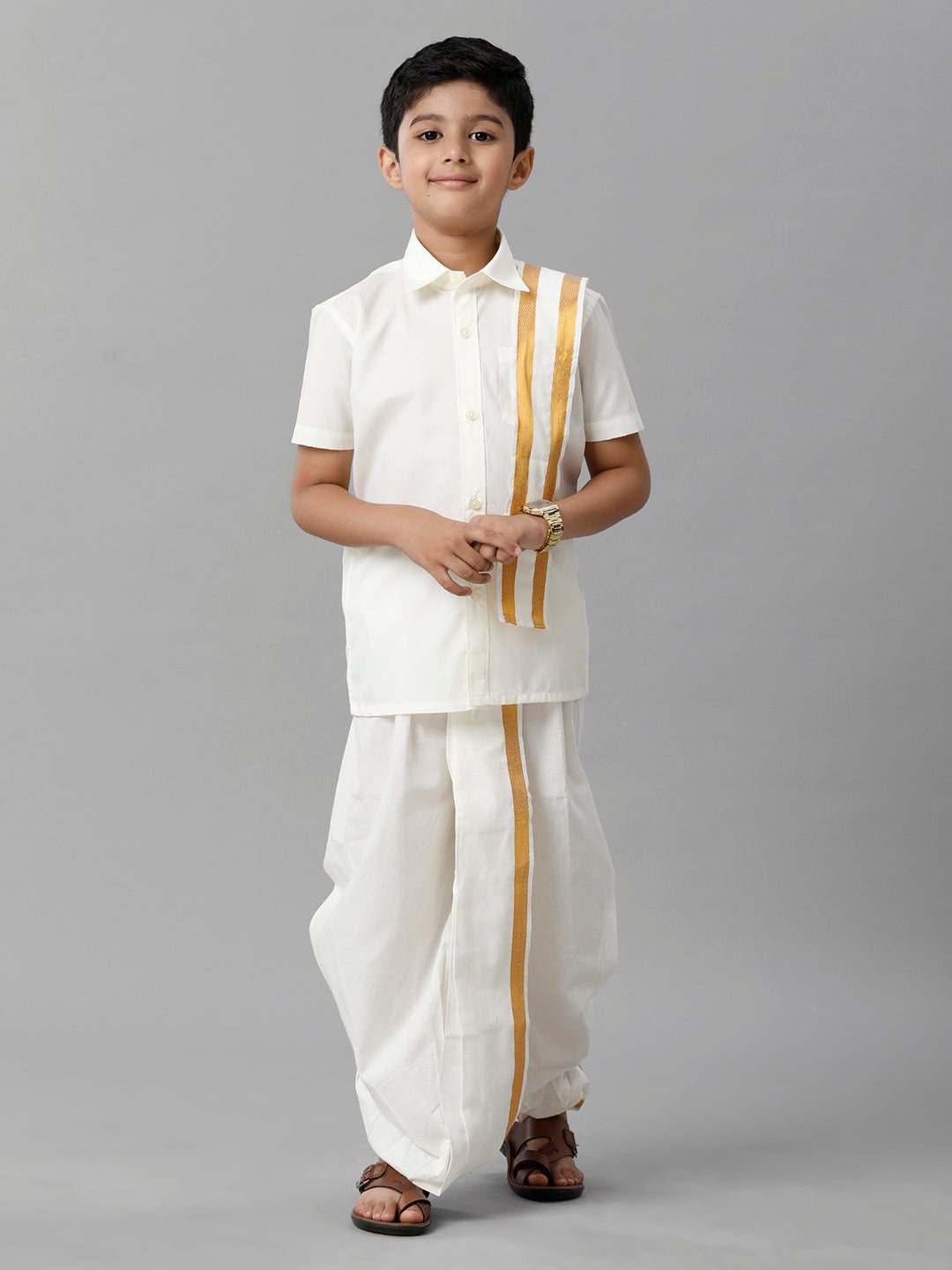 Boys Cotton Cream Half Sleeves Shirt Panchakacham Towel Combo-Front alternative view
