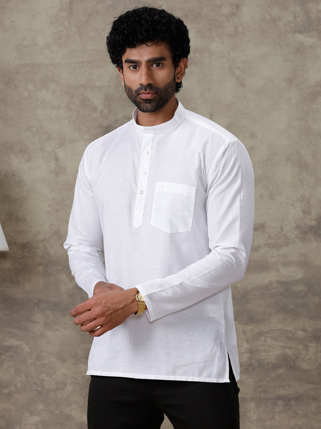 Men Linen Cotton Short Length Plain Pocket Kurta White MW1