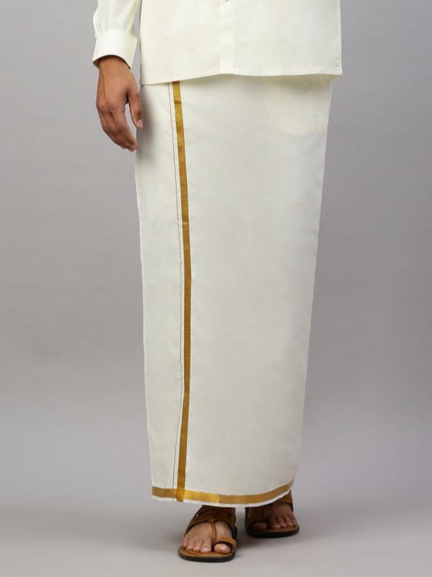 Men 100% Cotton Single Layer Cream Dhoti with 1" Gold Jari Border Career