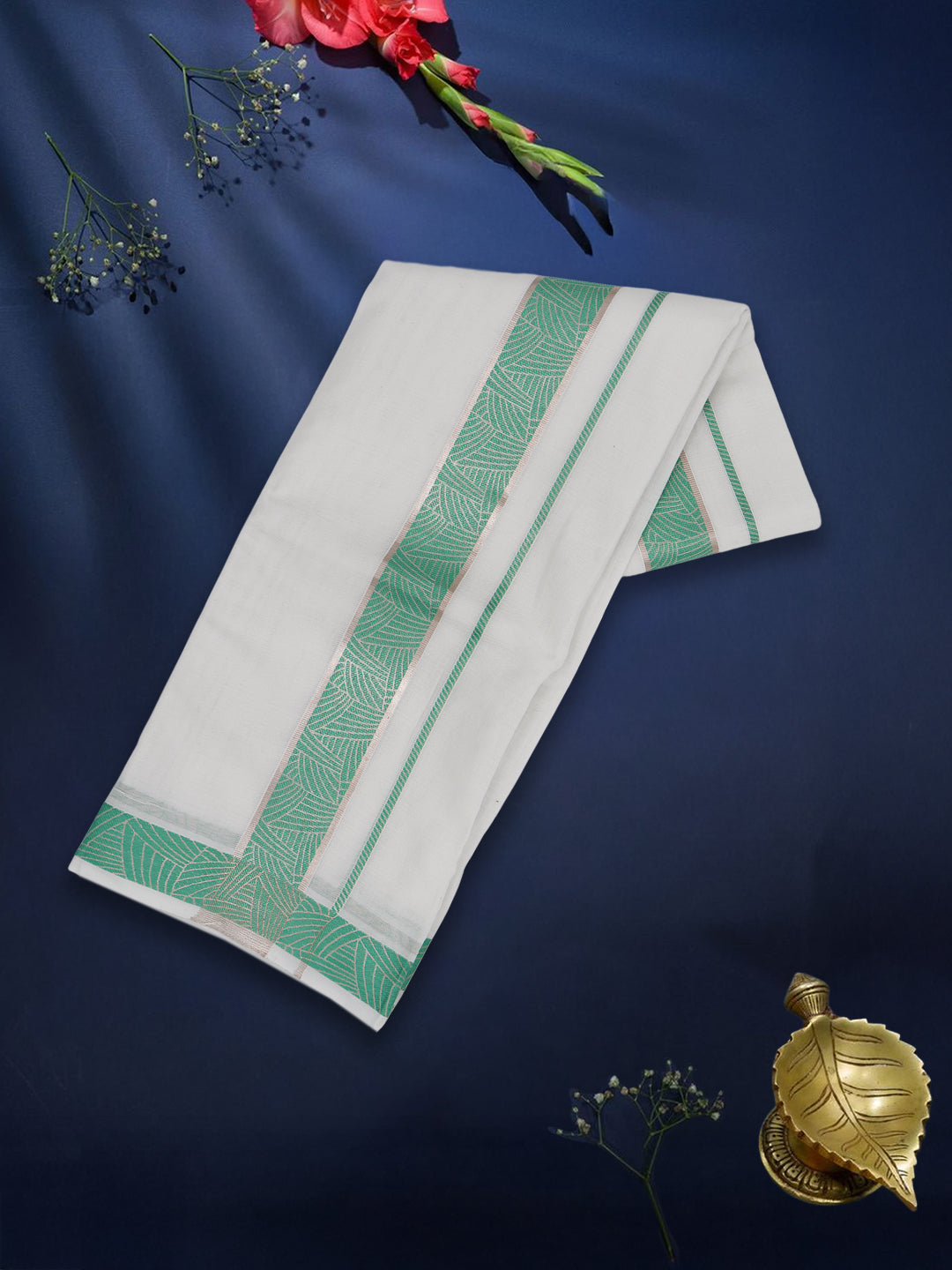 Men Premium Cotton Double Layer White Dhoti with Green Fancy Jari Border Luxury Club LC16