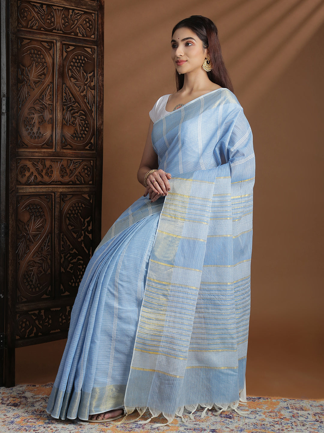 Women Blue Striped Cotton Jute Saree CJ09