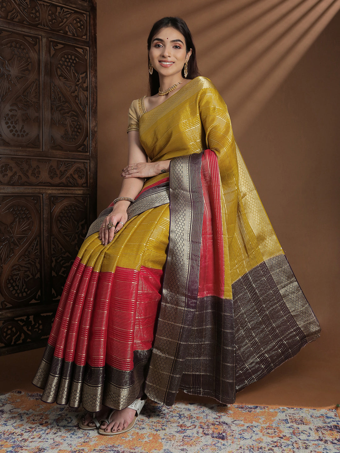 Women Semi Mysore Silk Saree Yellowish Green SS405