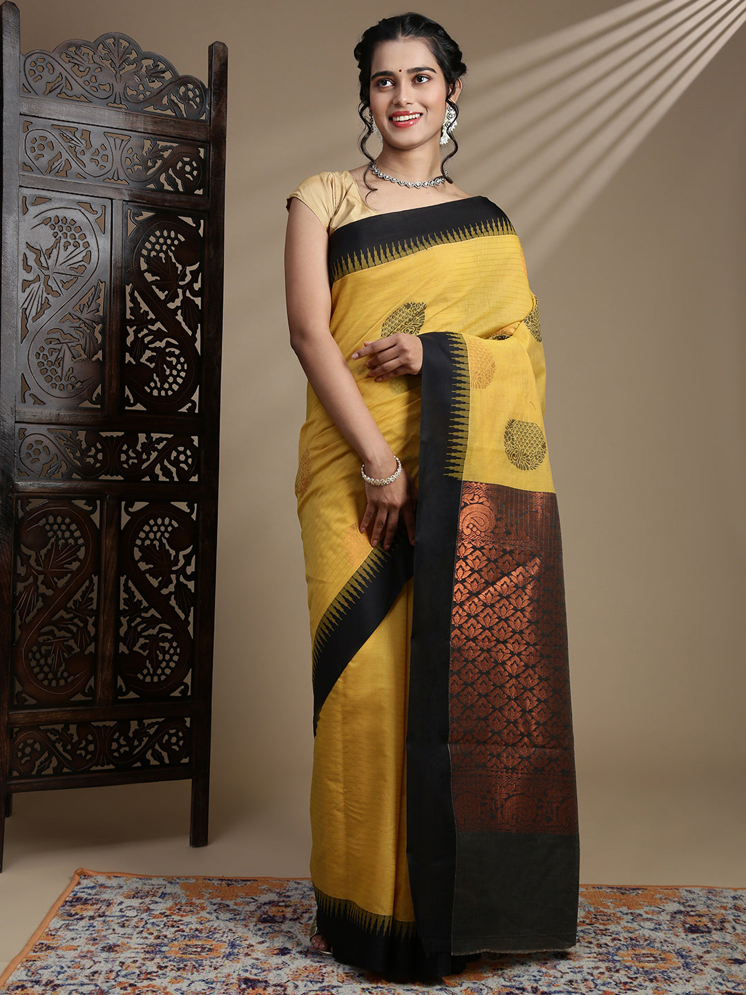 Women Kora Cotton Yellow Saree SK120