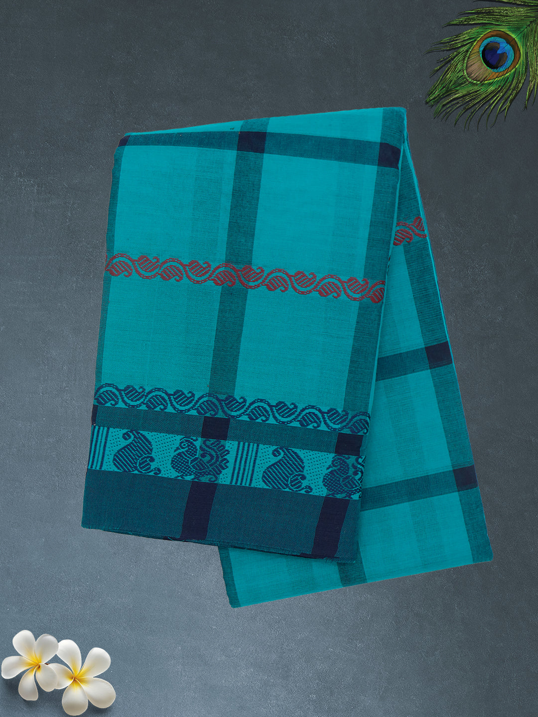 Women Teal Blue Checks Pure Chettinad Cotton Saree PCS228