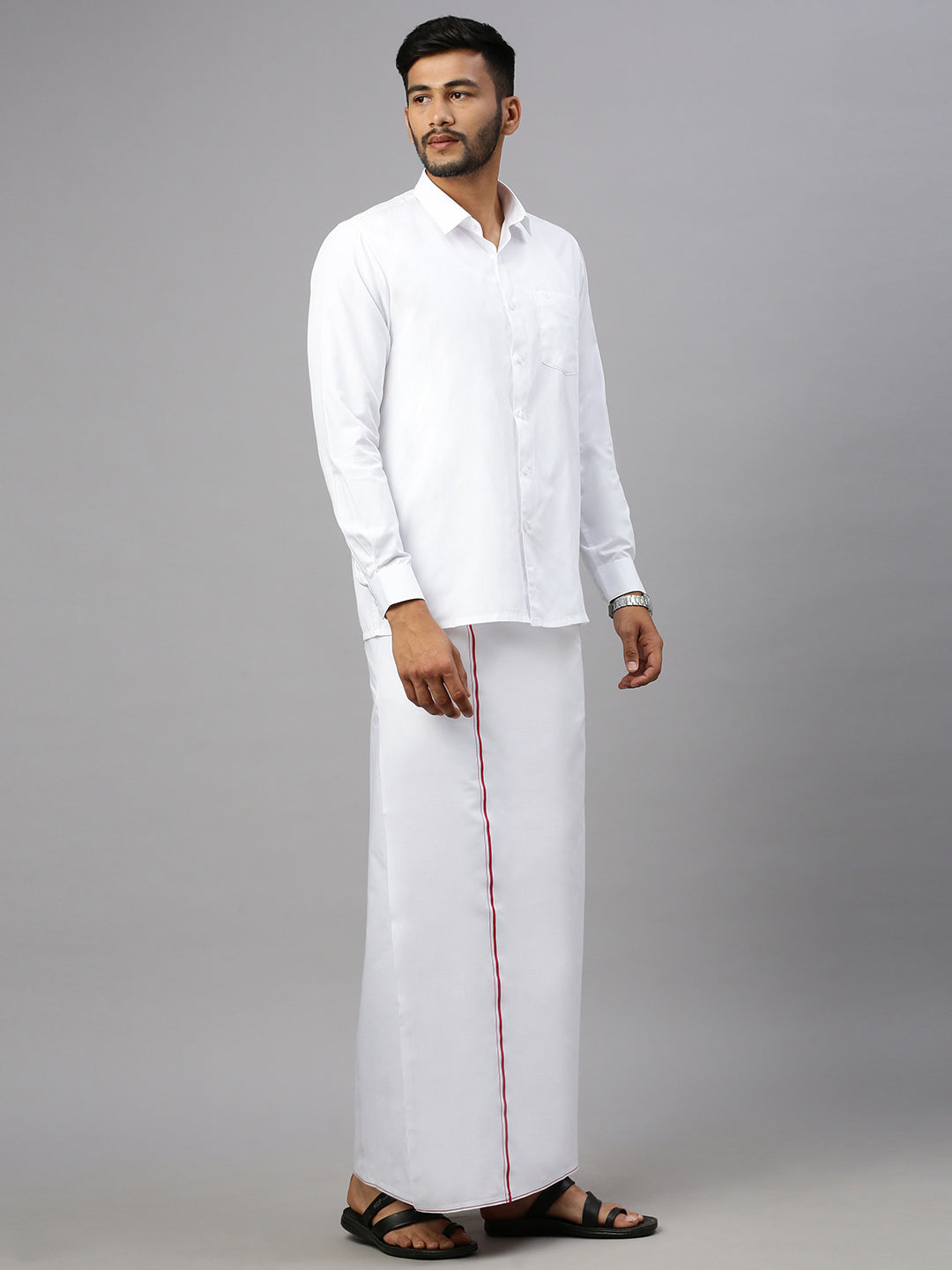 Men Cotton Blend Single Layer White Dhoti with Small Border Revolt