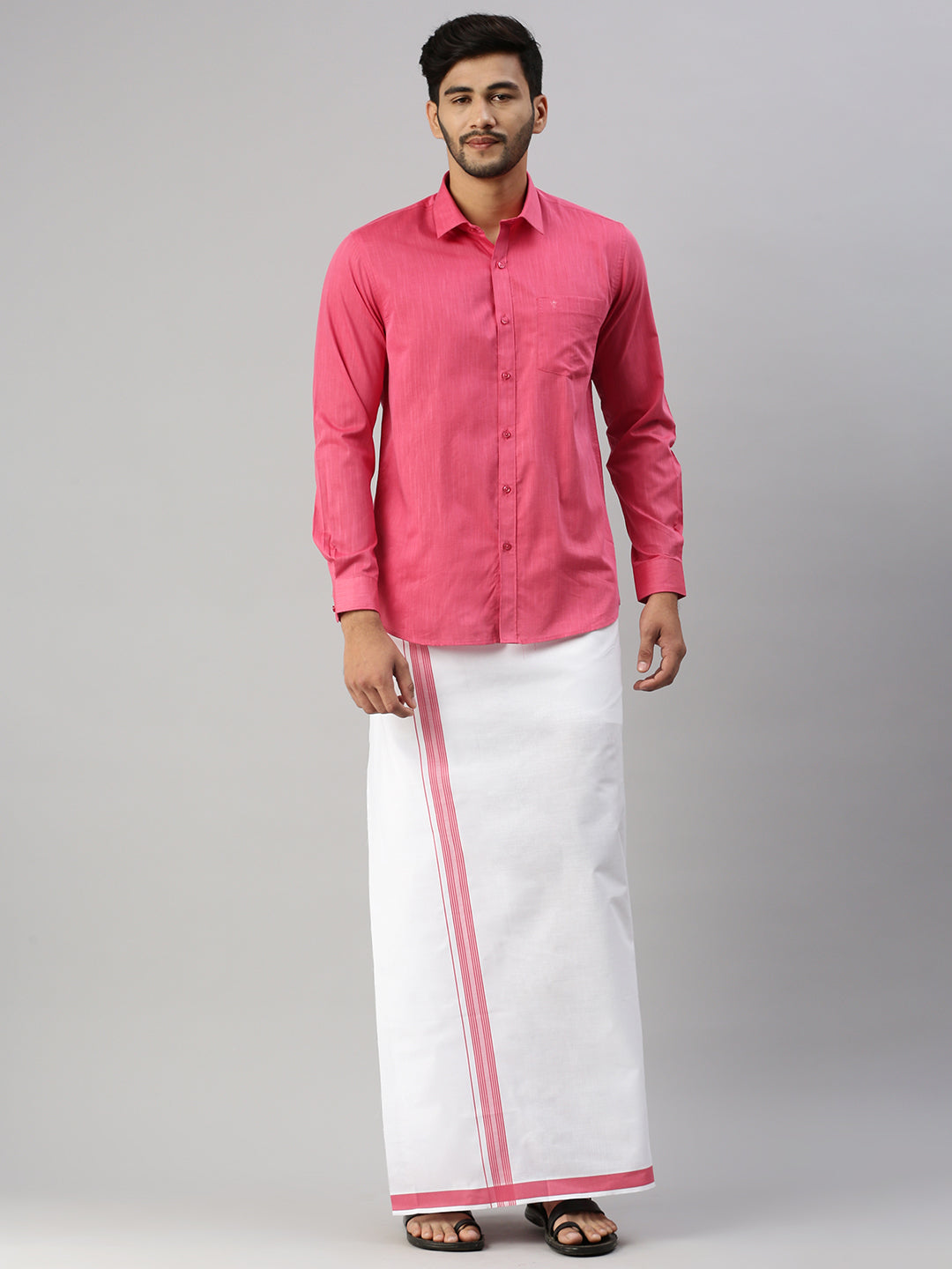 Mens Pink Matching Border Dhoti & Full Sleeves Shirt Set Evolution IC2