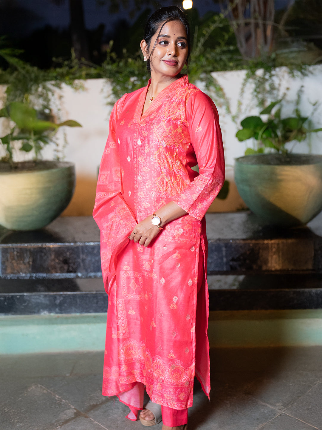 Women Pink MM Silk Printed Kurti Set EKS128