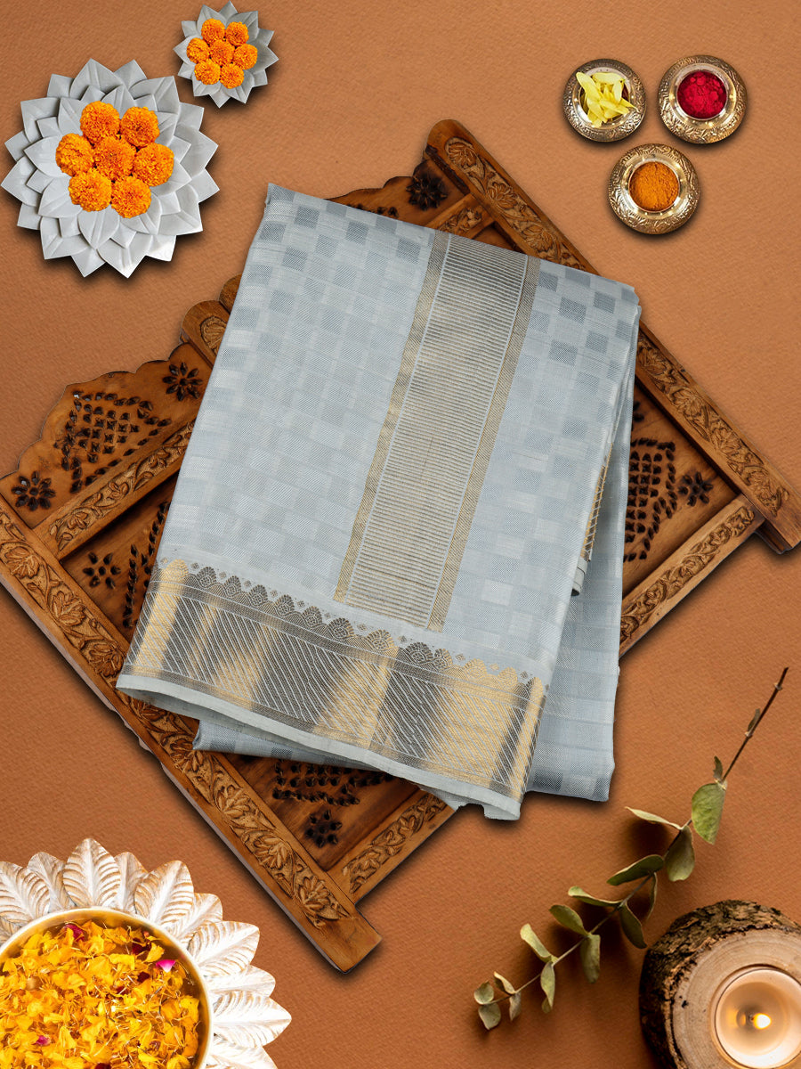 Mens Pure Silk Checked Blue 3 1/2" Silver Jari Border Dhoti with Towel Amirtham-View one