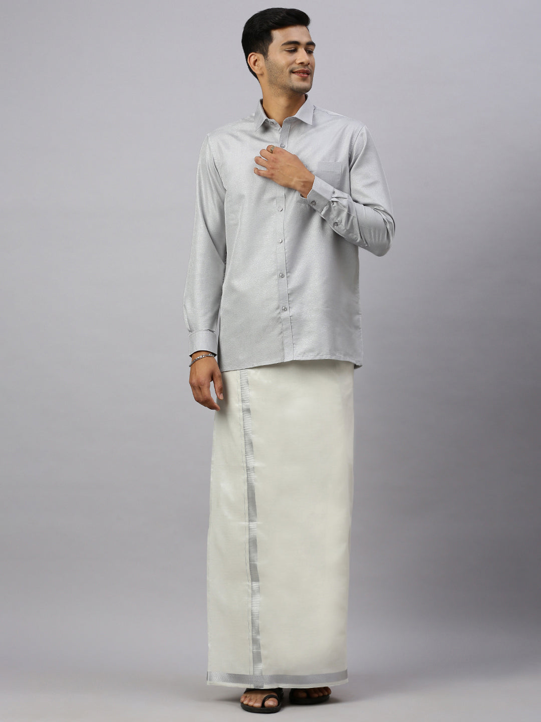 Mens Rich Cotton Silver Colour Full Sleeves Shirt with  Matching Jari Border Tissue Dhoti Set Glossy