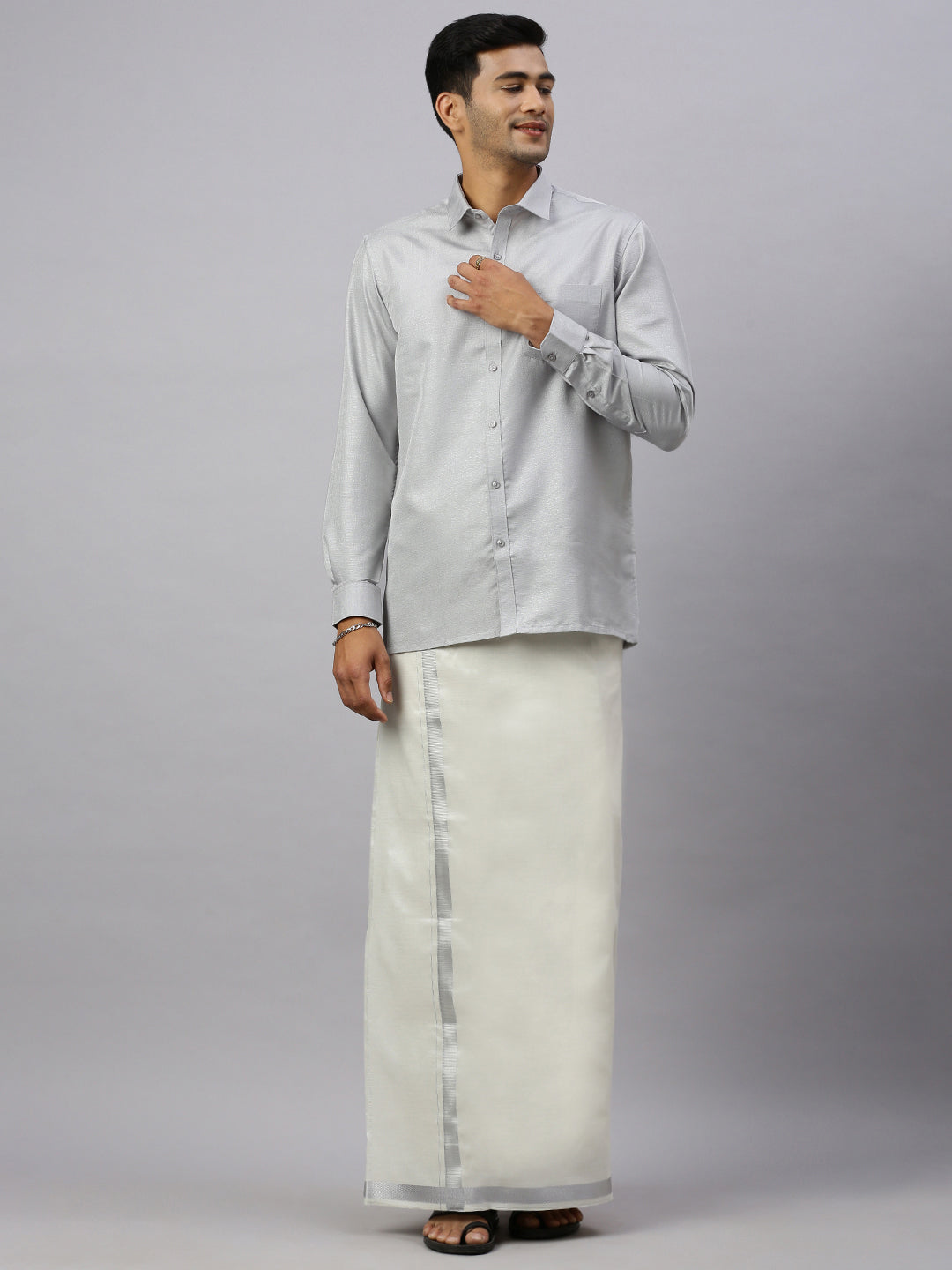 Men Cotton Rich Silver Shirt and Tissue Dhoti Set Glossy