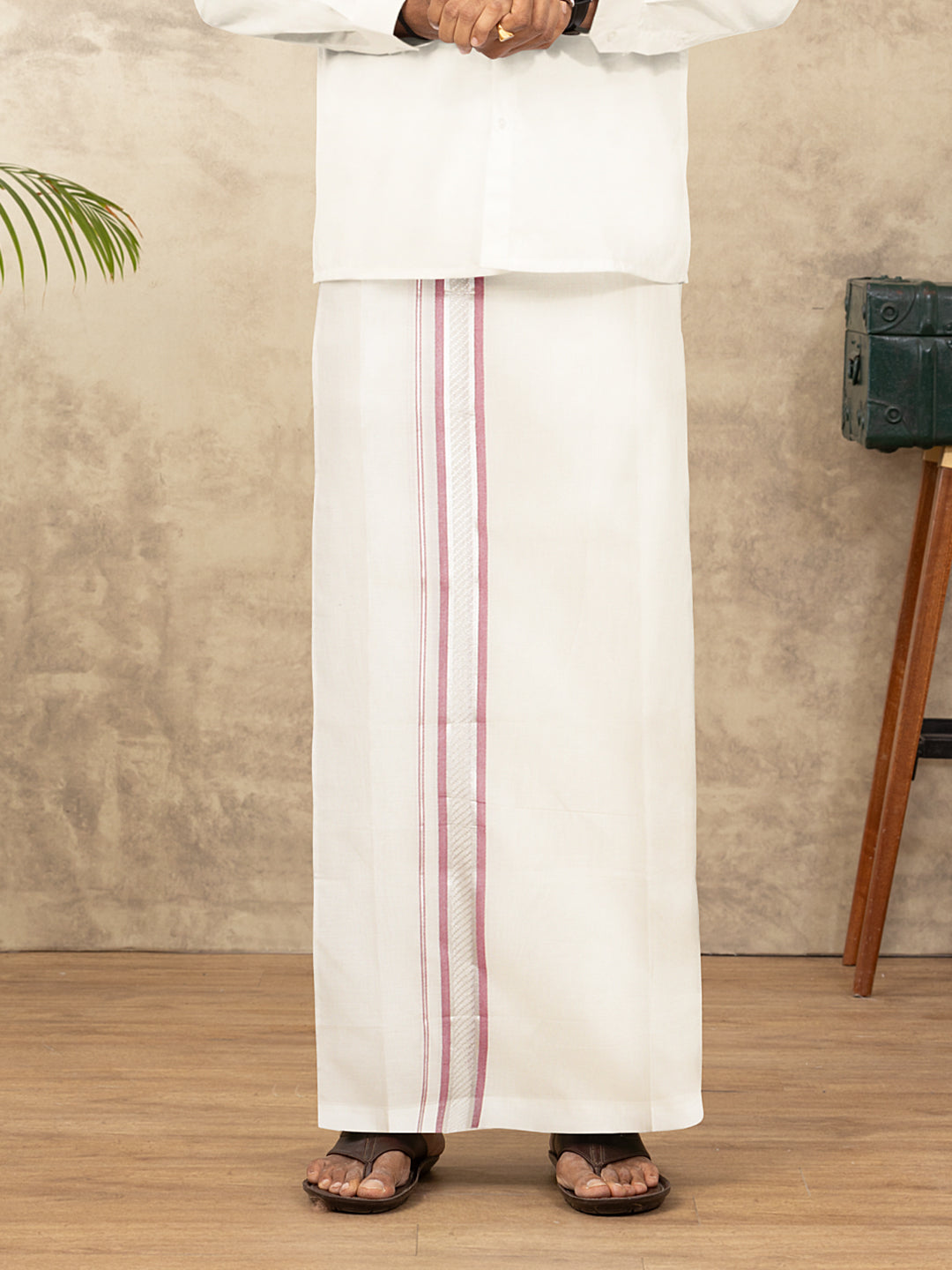 Men Kora Cotton Double Layer Dhoti with Red Fancy Jari Border MSF02
