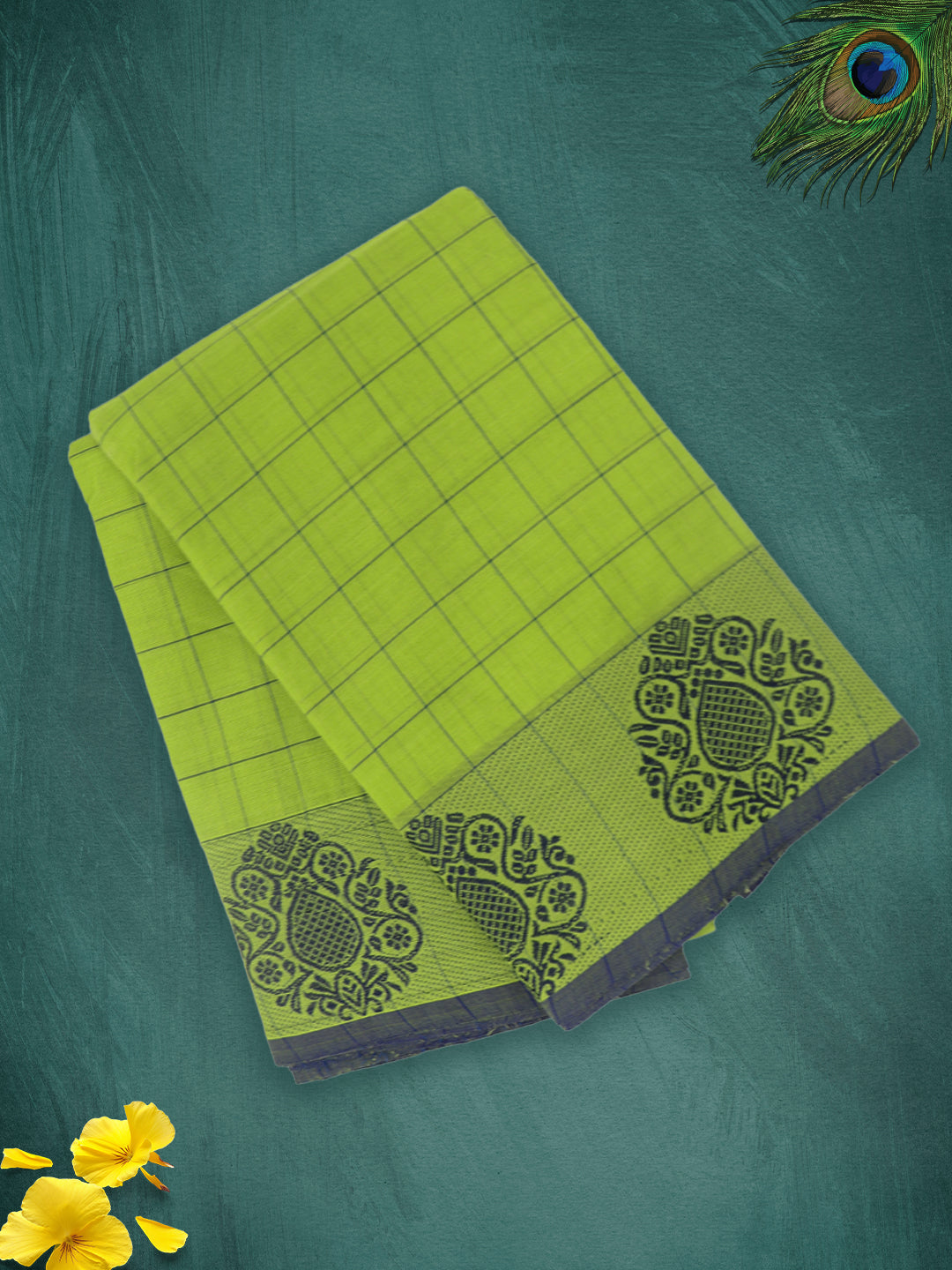 Women Parrot Green Checks Pure Chettinad Cotton Saree PCS222