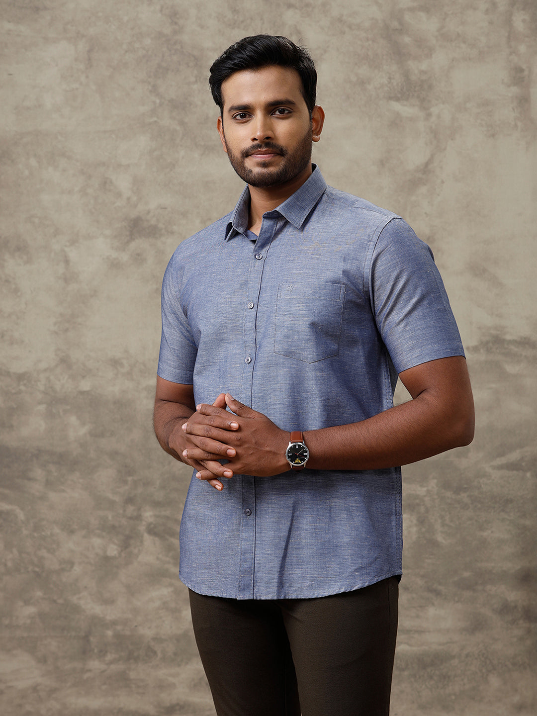 Men Linen Cotton Shirt Grey Blue LF6