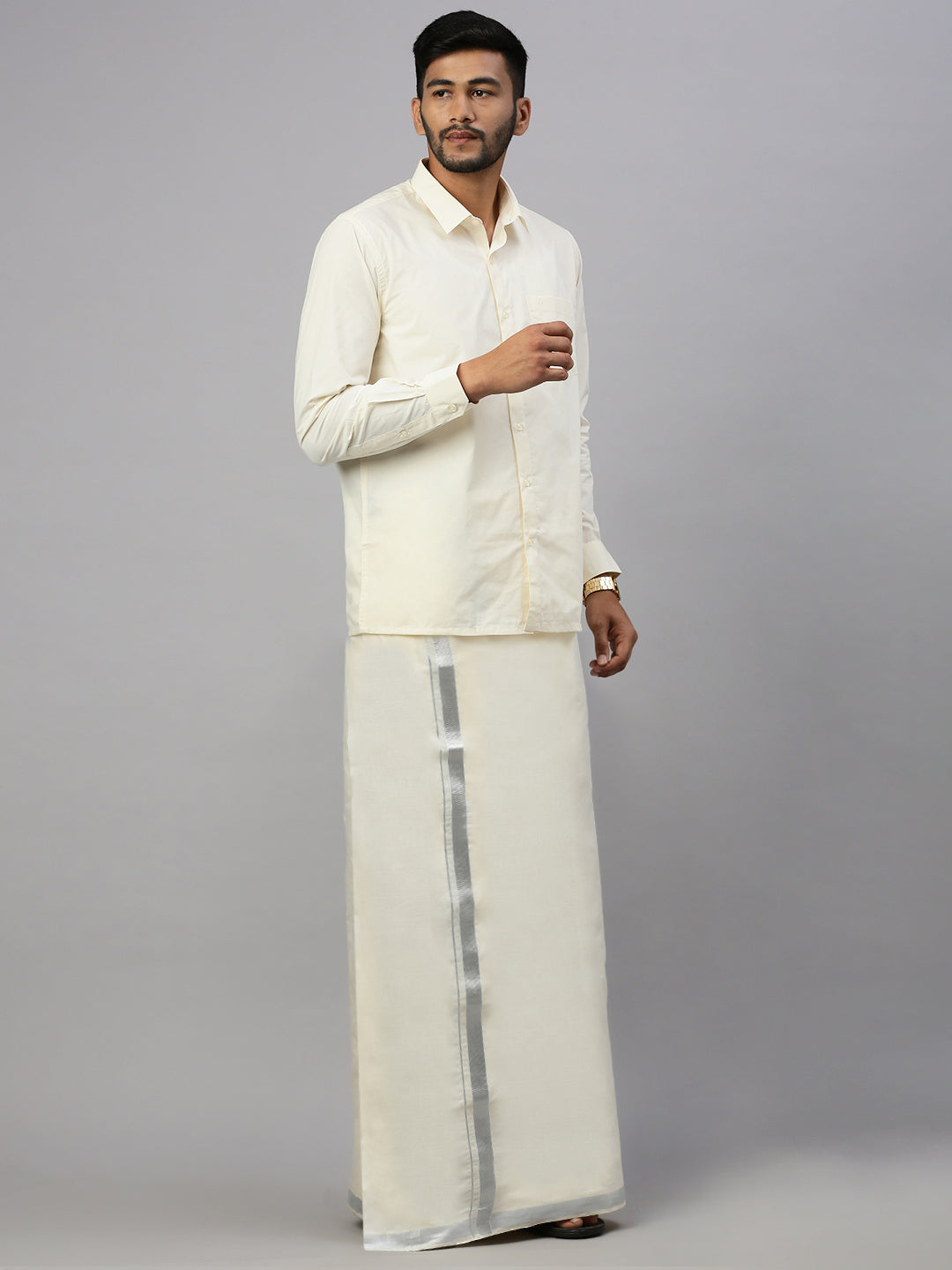 Mens Double Dhoti Cream with Silver Jari 1" CCK508W