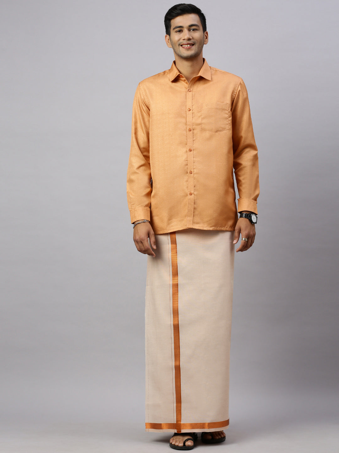 Mens Rich Cotton Copper Colour Full Sleeves Shirt with  Matching Jari Border Tissue Dhoti Set Glossy