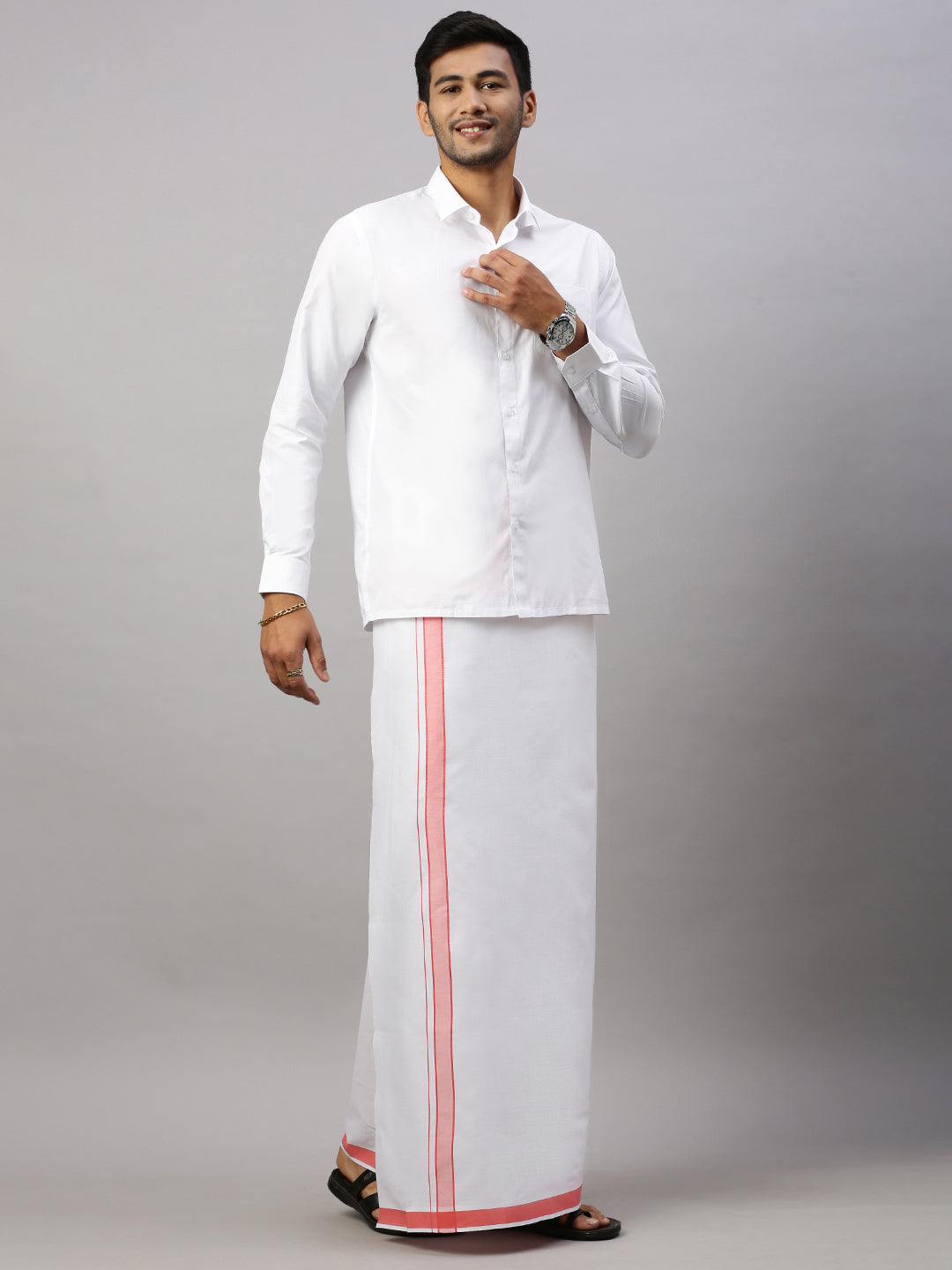 Men White Shirt with Pink Border Single Layer Dhoti Combo WP09