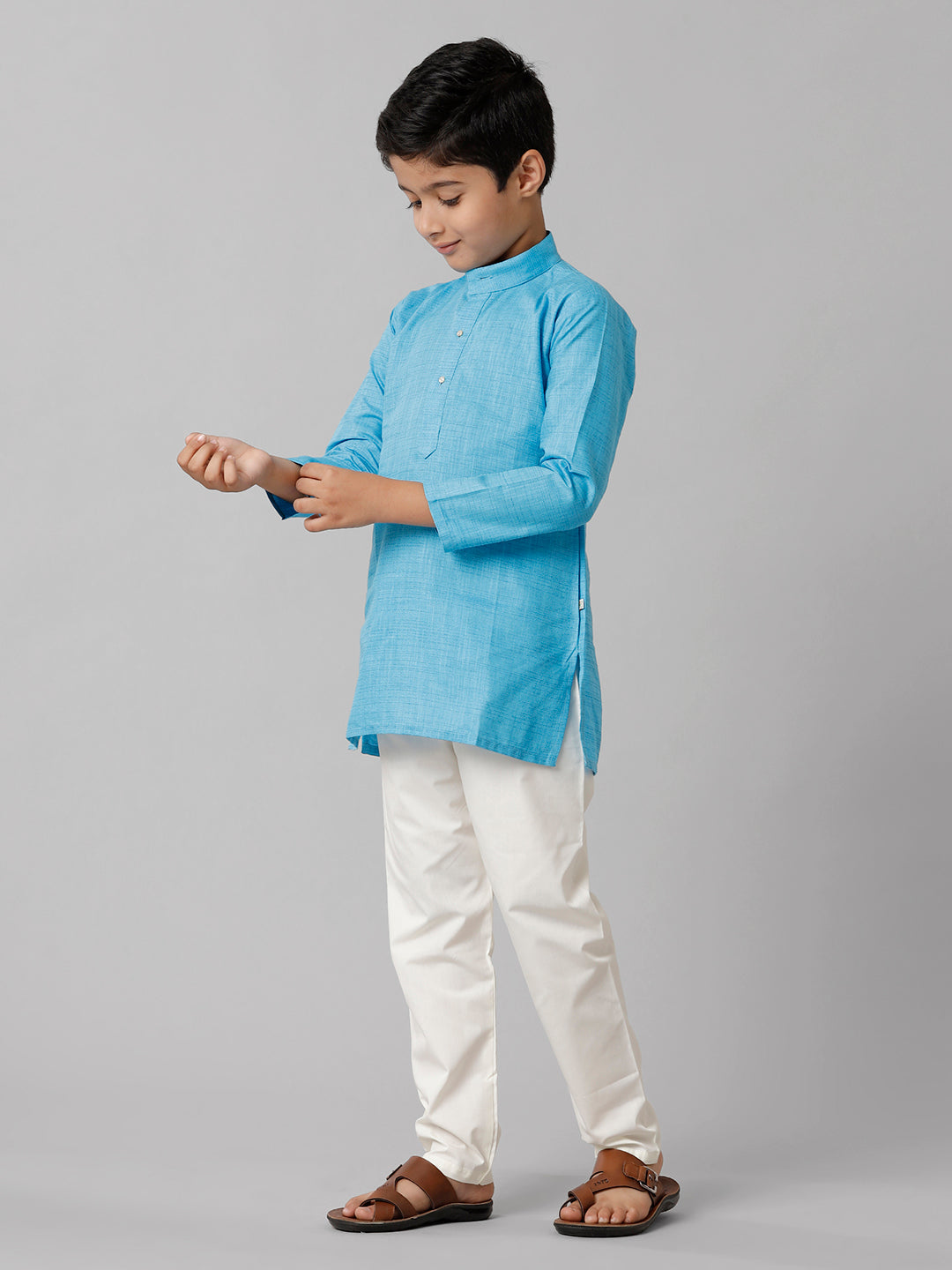 Boys Cotton Full Sleeves Sky Blue Kurta with Cream Pyjama Pant Combo FS4-Side view