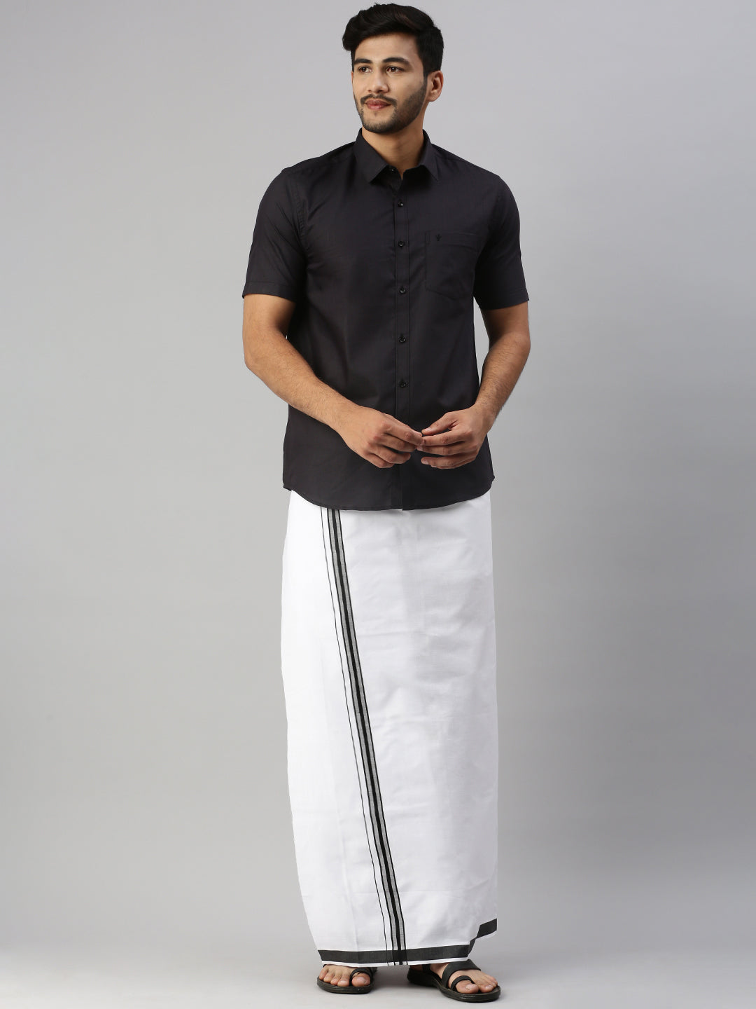 Mens Black Matching Border Dhoti & Half Sleeves Shirt Set Evolution IC10-Front view
