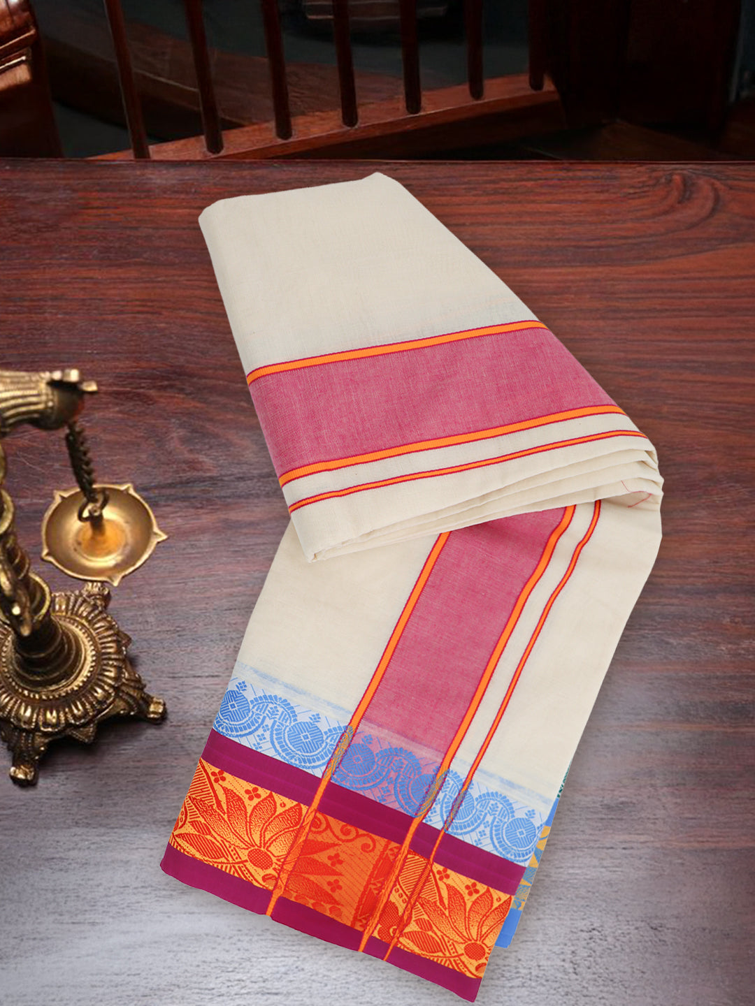 Men Kora Cotton Fancy Jari Border Panchakacham with Angavasthram (9+5) Fancy Pet Kora FPK01