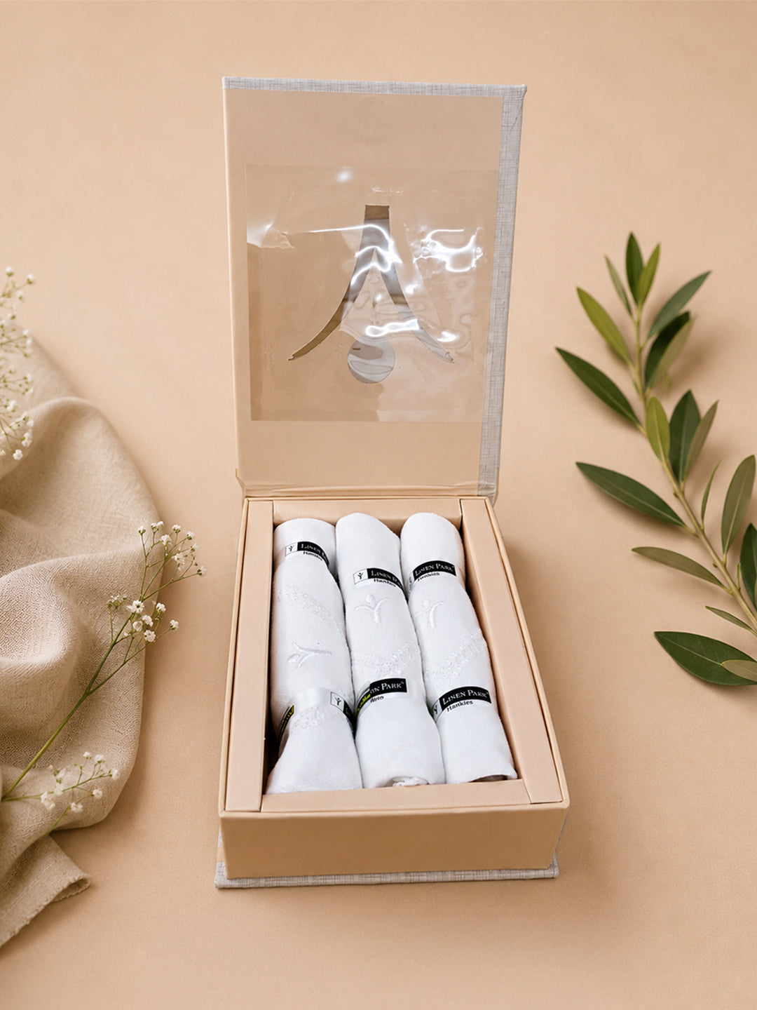 Premium Pure Linen White Hand Kerchief Set (3 in 1)