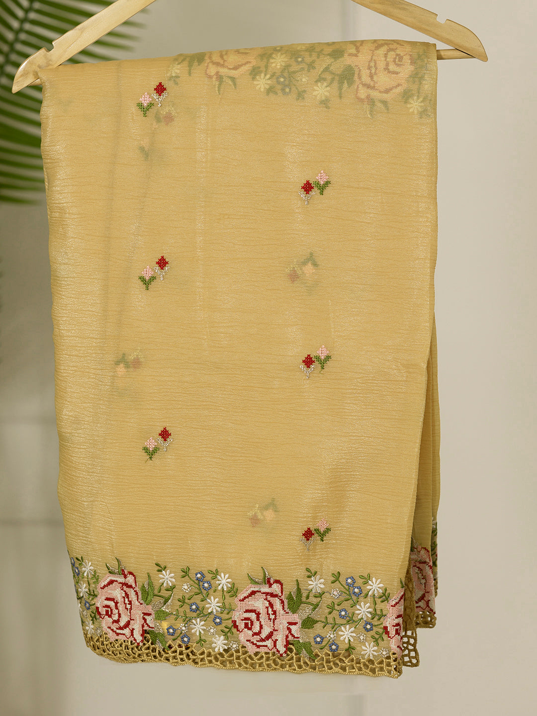 Women Light Yellow Tissue Embroidered Saree TS08
