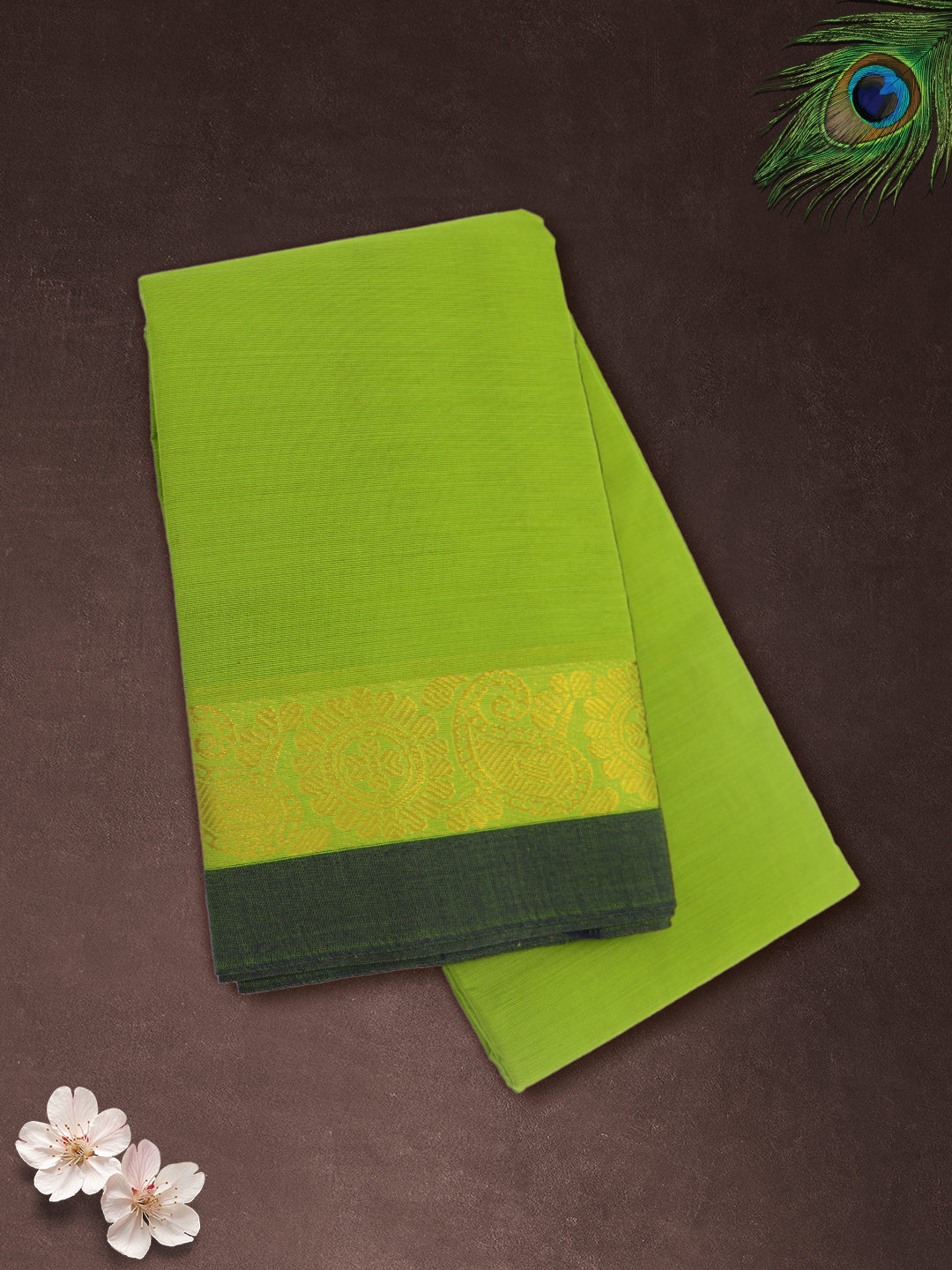Women Parrot Green Plain Pure Chettinad Cotton Saree PCS236