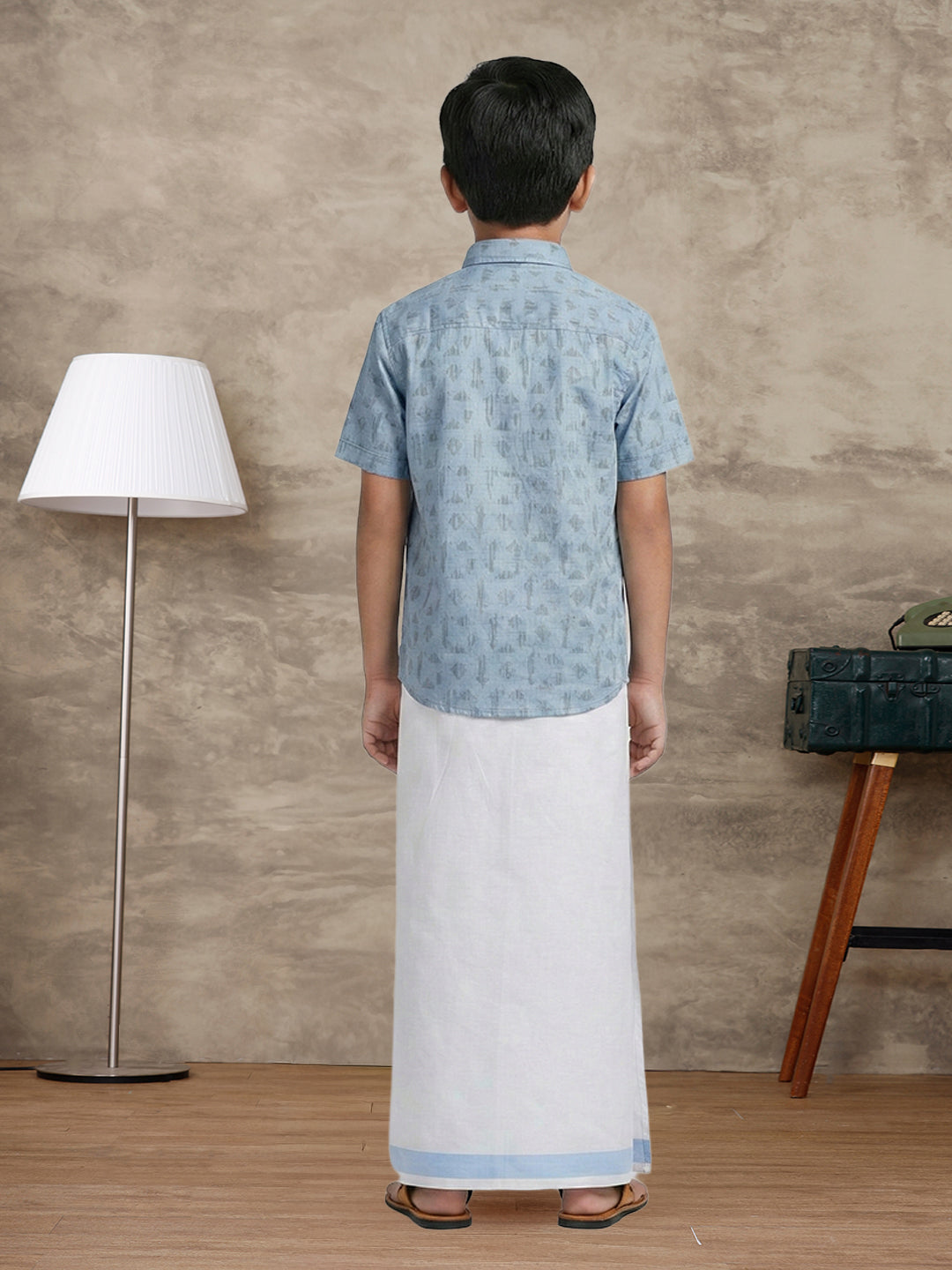 Boys Light Blue Matching Border Dhoti With Printed Shirt Set Fusion PS23
