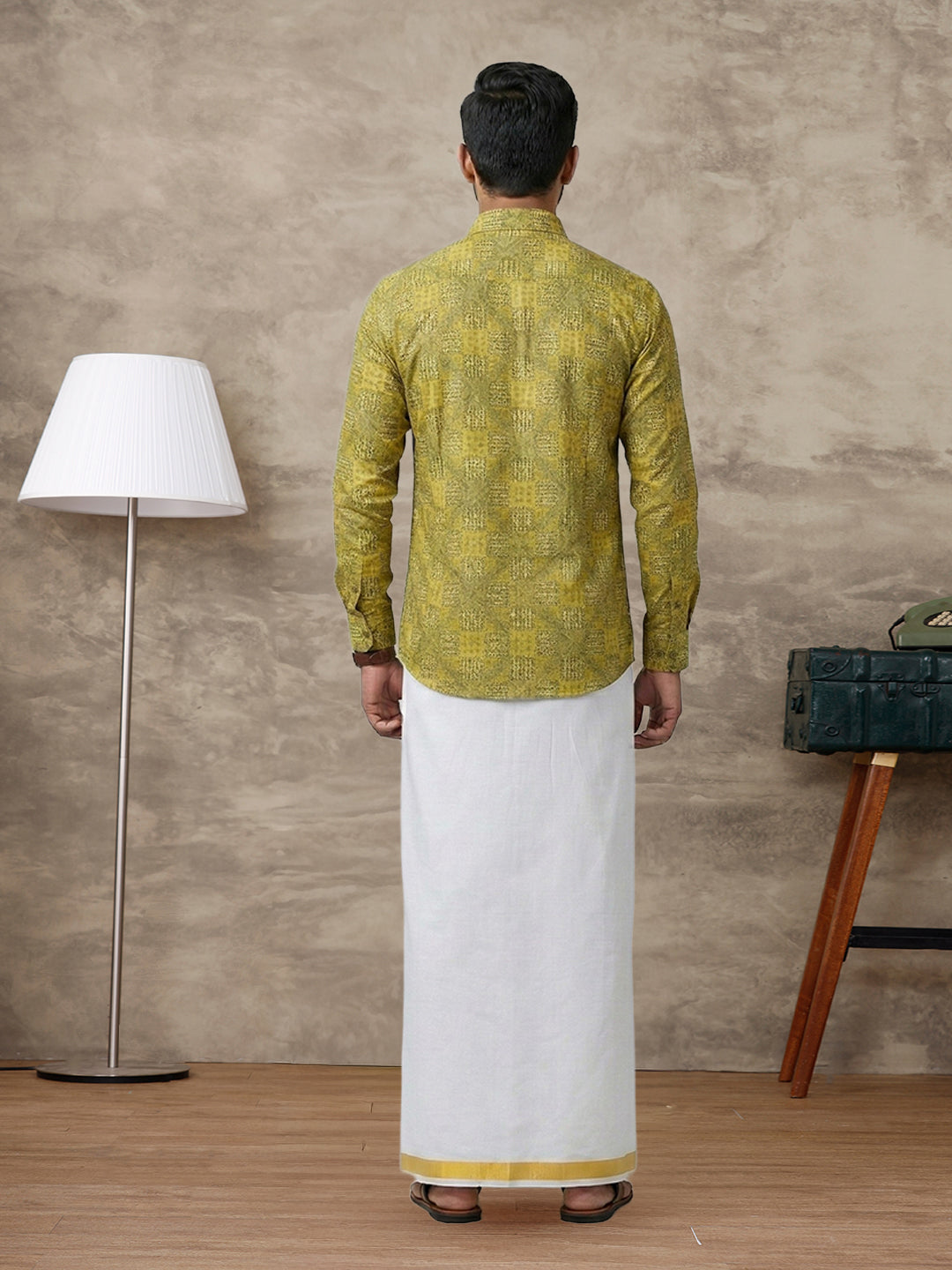Men Lemon Yellow Matching Border Dhoti With Printed Shirt Set Fusion PS29