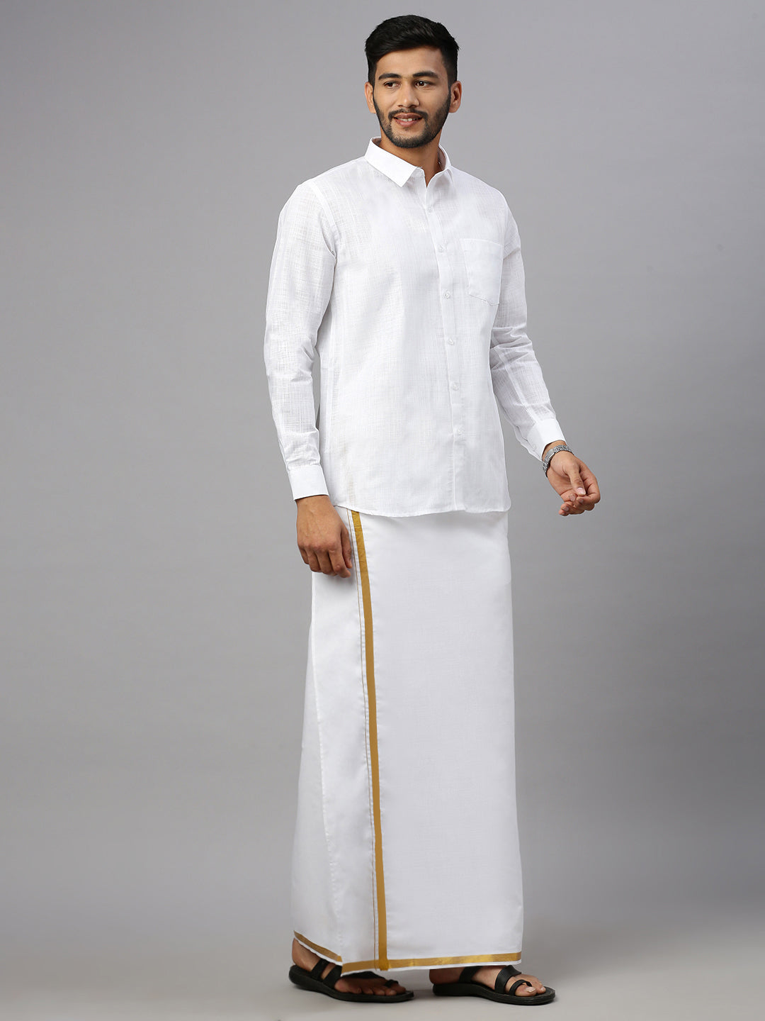 Men Cotton Blend Readymade Double Layer White Dhoti with Gold Jari Border
