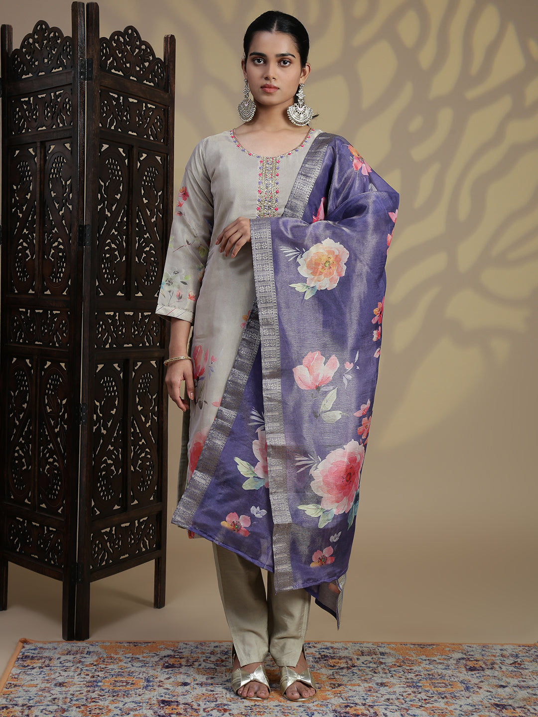 Women Beige Grey MM Silk Printed Kurti Set EKS100