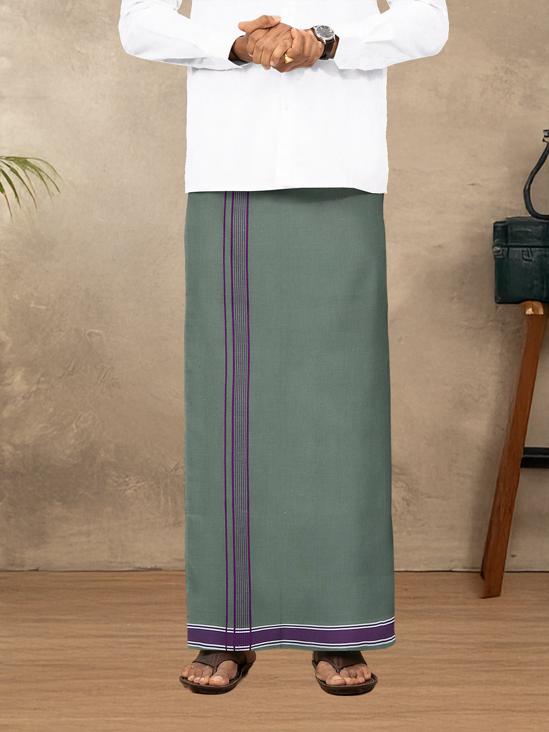 Men Cotton Blend Single Layer Green Dhoti with Fancy Border Charming Line 5