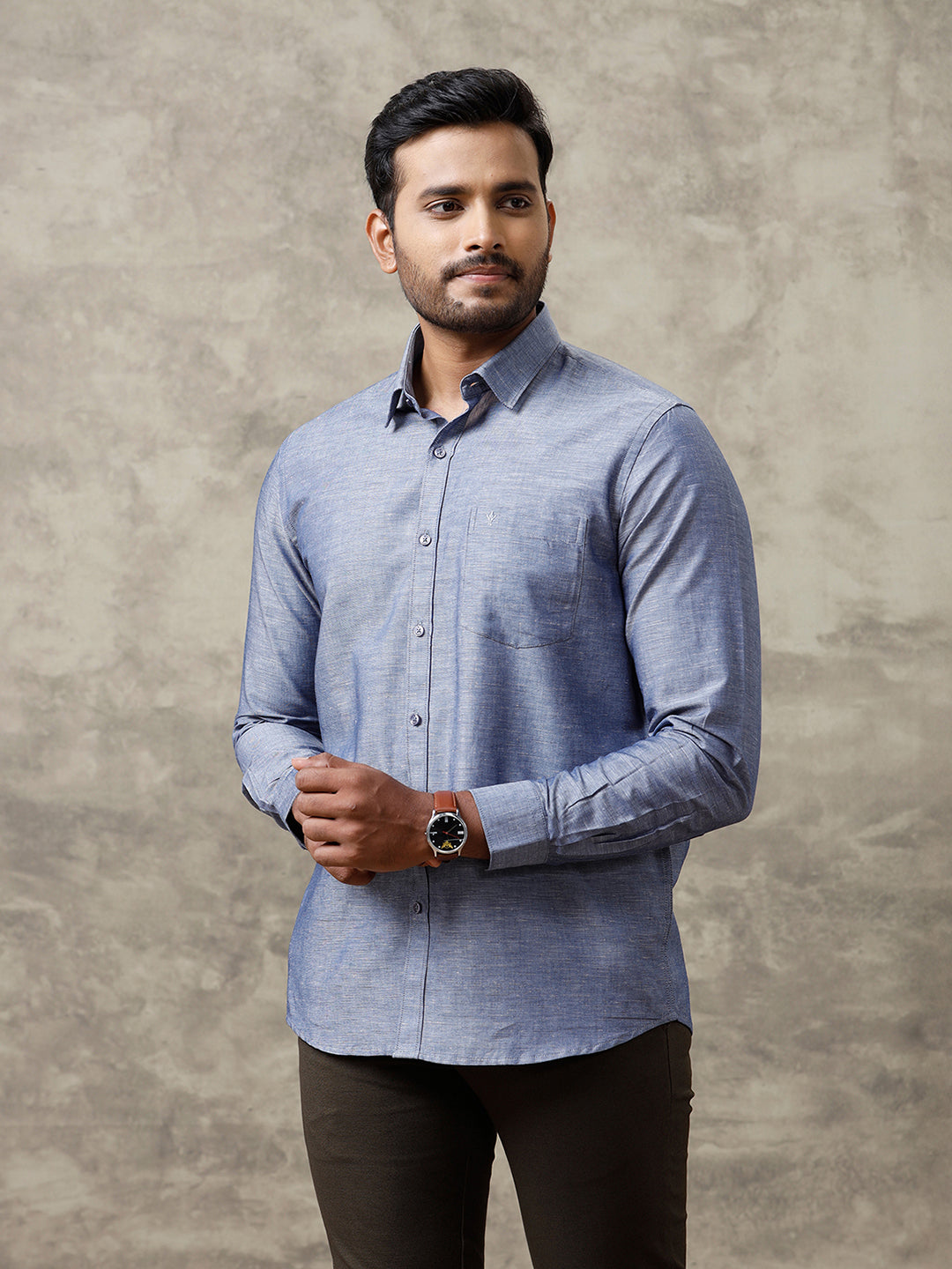 Men Linen Cotton Shirt Grey Blue LF6