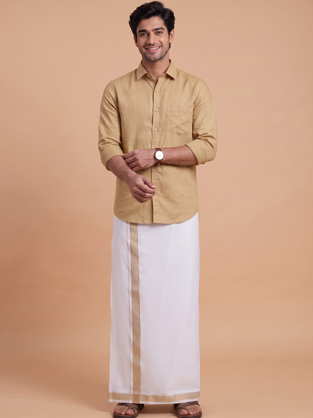 Single Layer Cotton Blend White Dhoti With Beige Jacquard Design Border ELC03